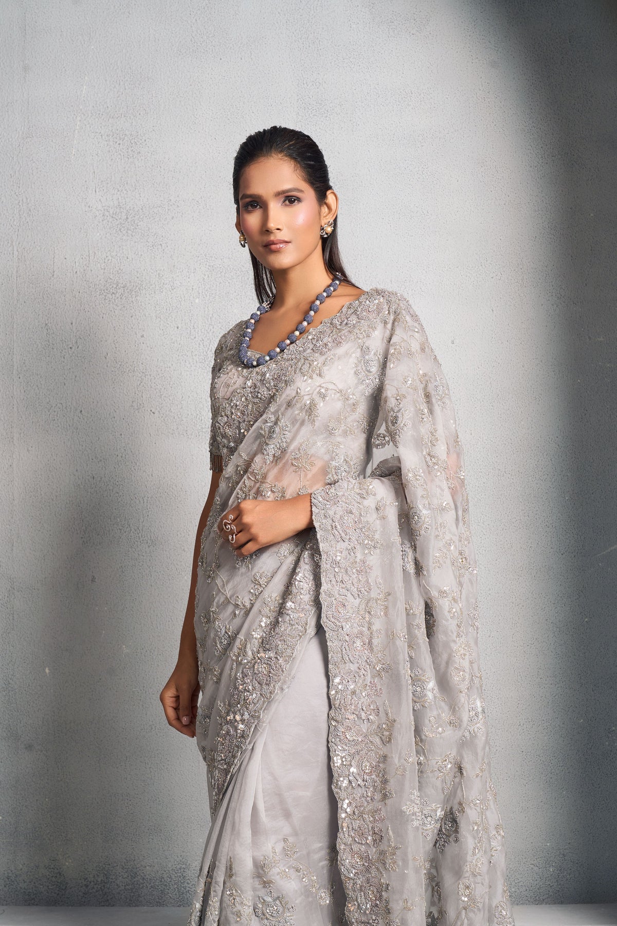 Steel Grey Organza Saree