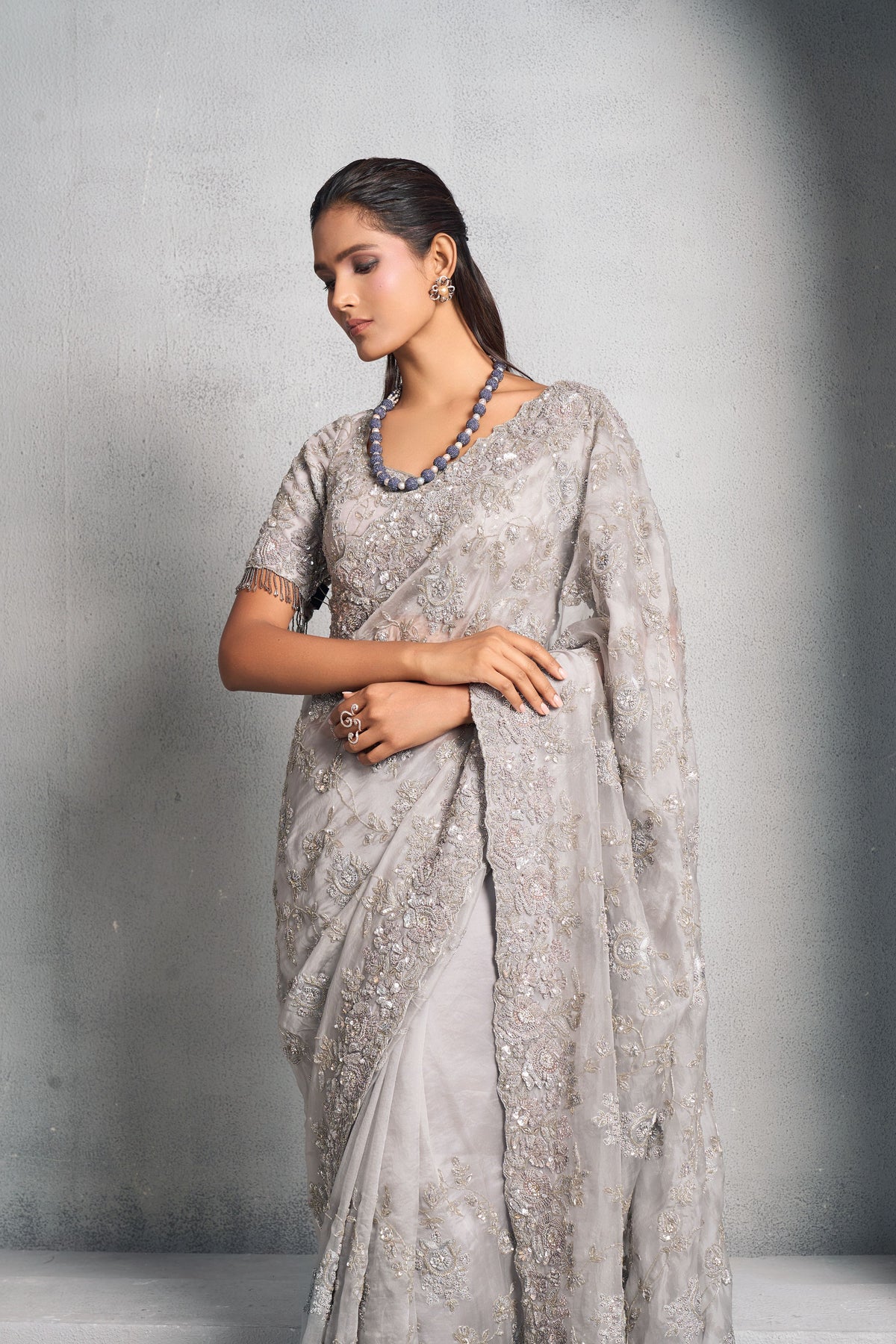 Steel Grey Organza Saree