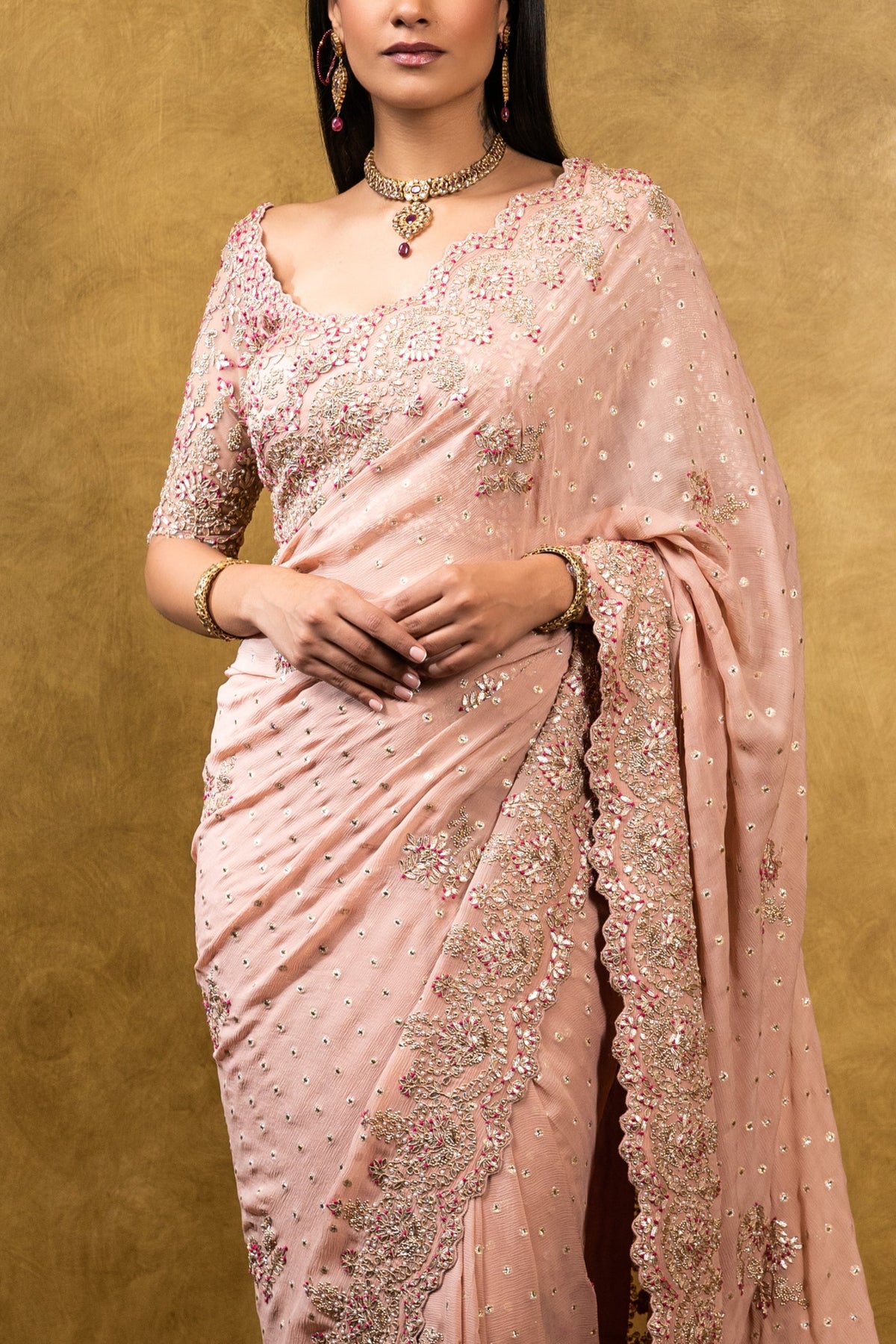 Rose Pink Chiffon Booti Saree