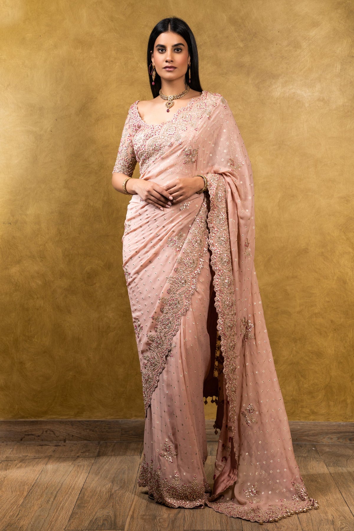 Rose Pink Chiffon Booti Saree