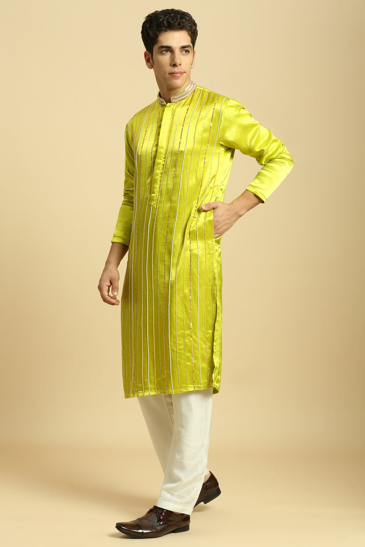 Neon green Embroidered Kurta With White Pant