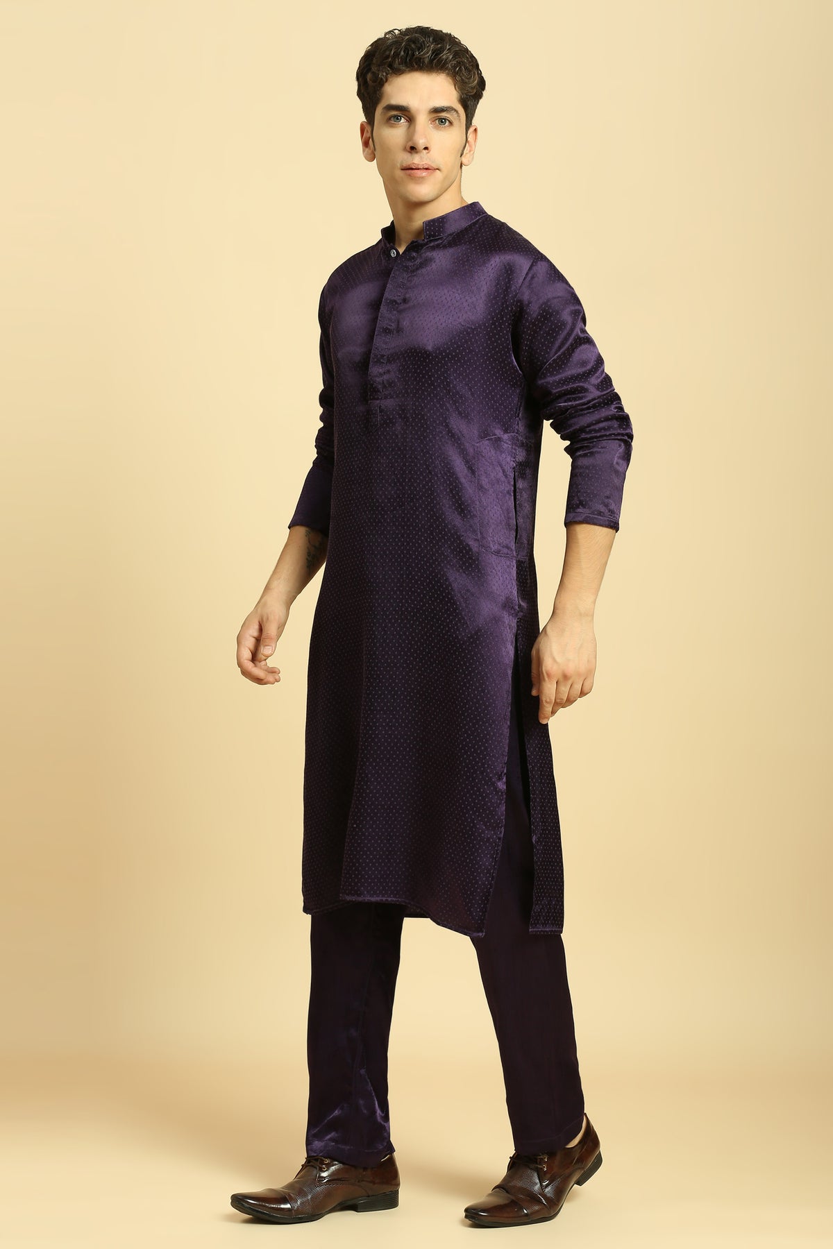 Deep Purple Kurta with Pant with Tissue Embroidered Dupatta