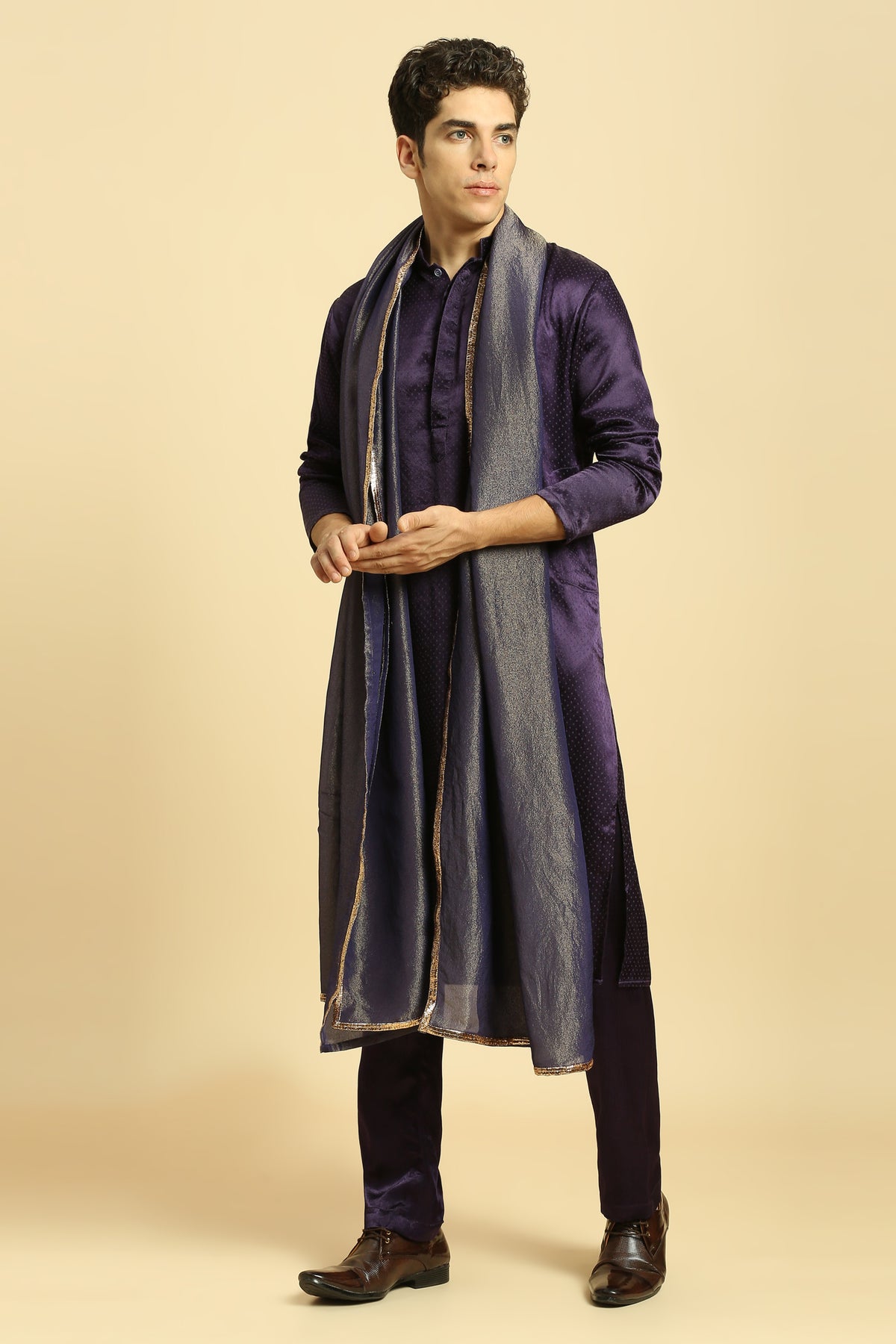 Deep Purple Kurta with Pant with Tissue Embroidered Dupatta