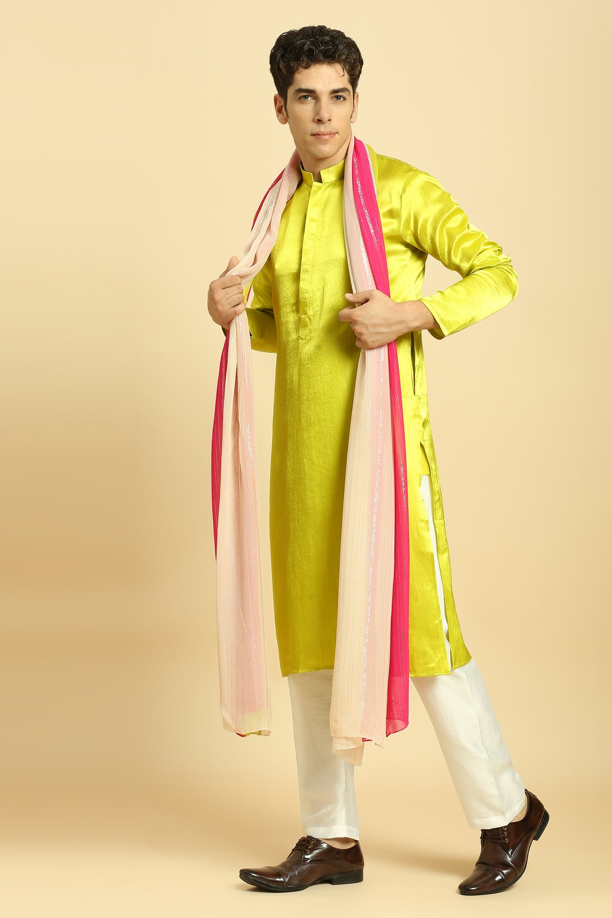 Neon Green Kurta With White Pant With Multi Colour Dupatta