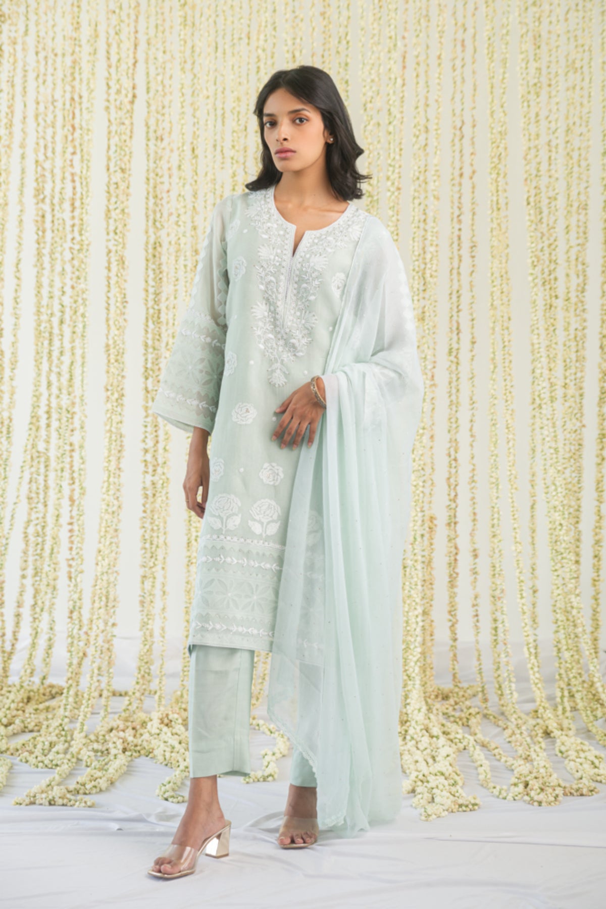 Sage Chikankari And Appliqué Kurta Set