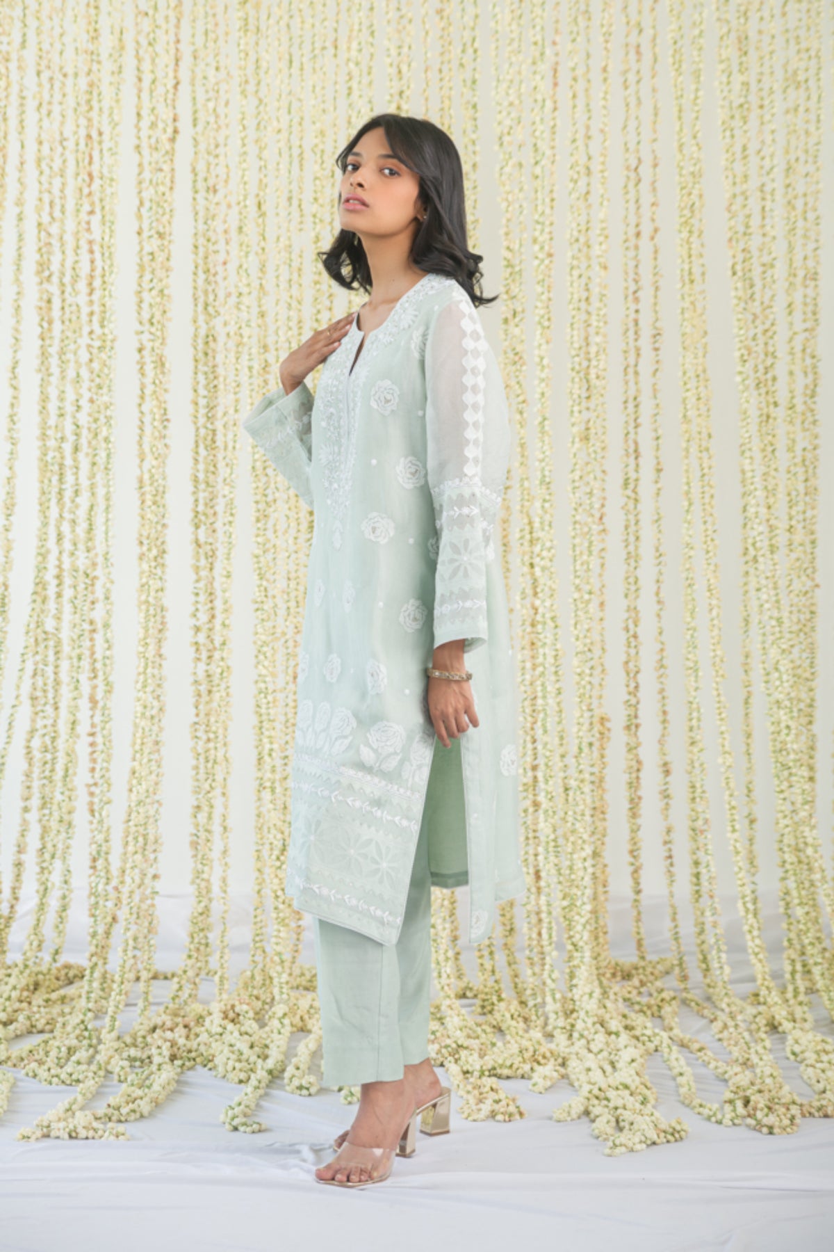 Sage Chikankari And Appliqué Kurta Set