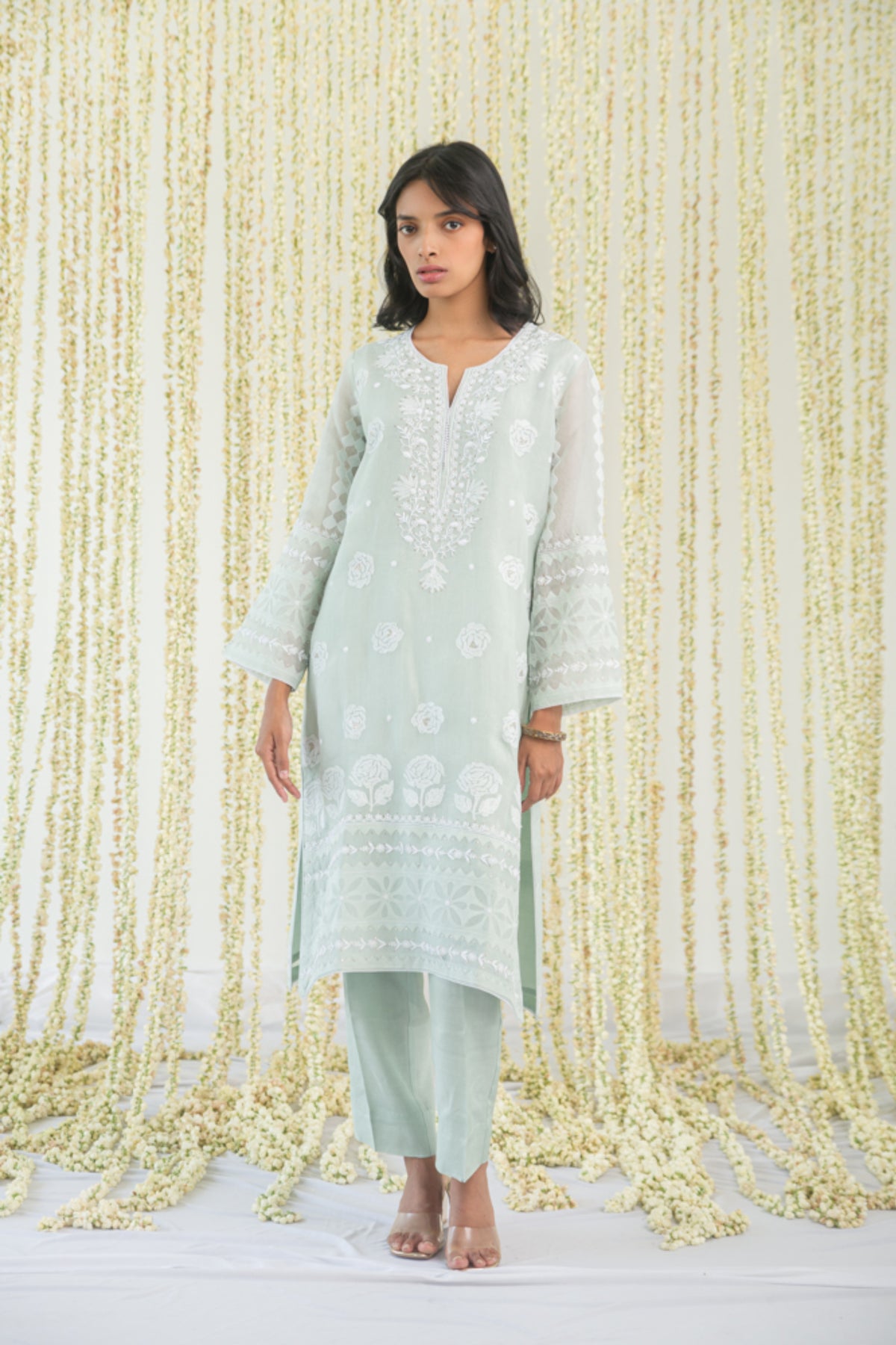 Sage Chikankari And Appliqué Kurta Set