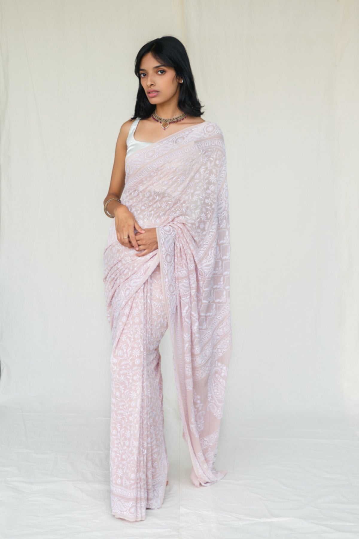 Nude Rose Quartz Chikankari Saree