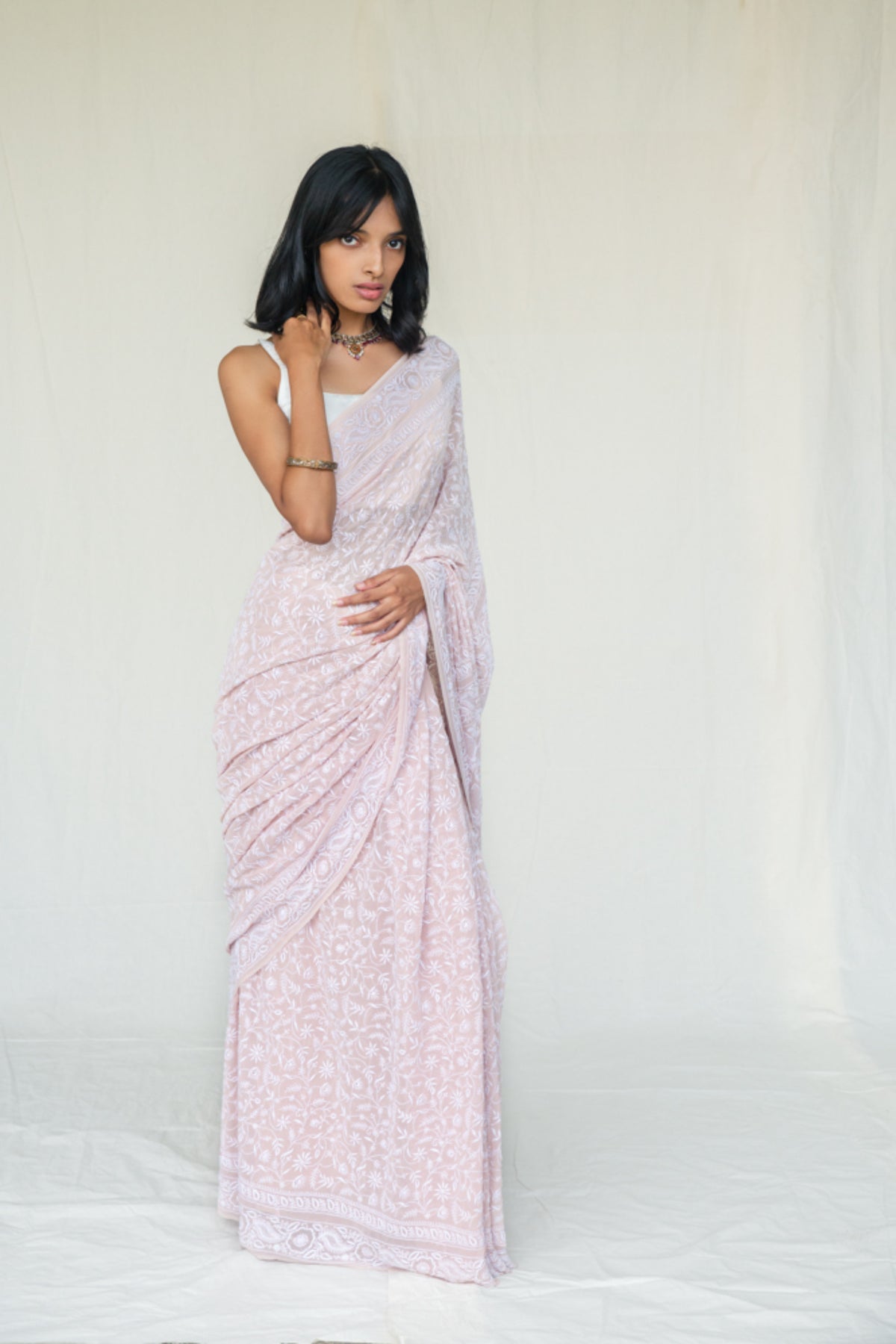 Nude Rose Quartz Chikankari Saree