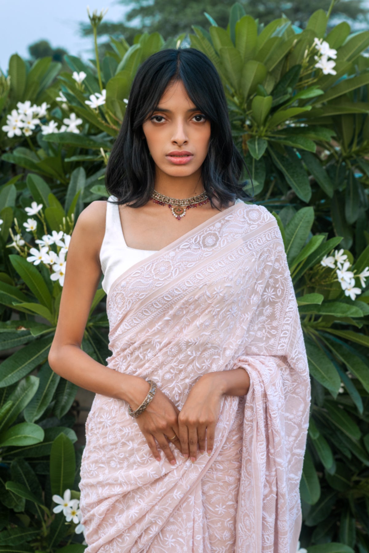 Nude Rose Quartz Chikankari Saree