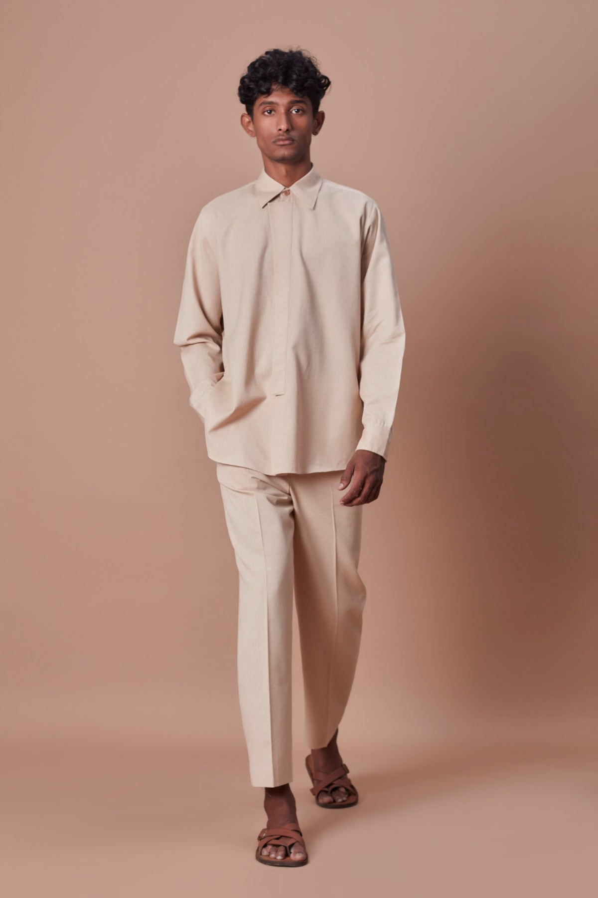 Beige placket shirt and ankle pant