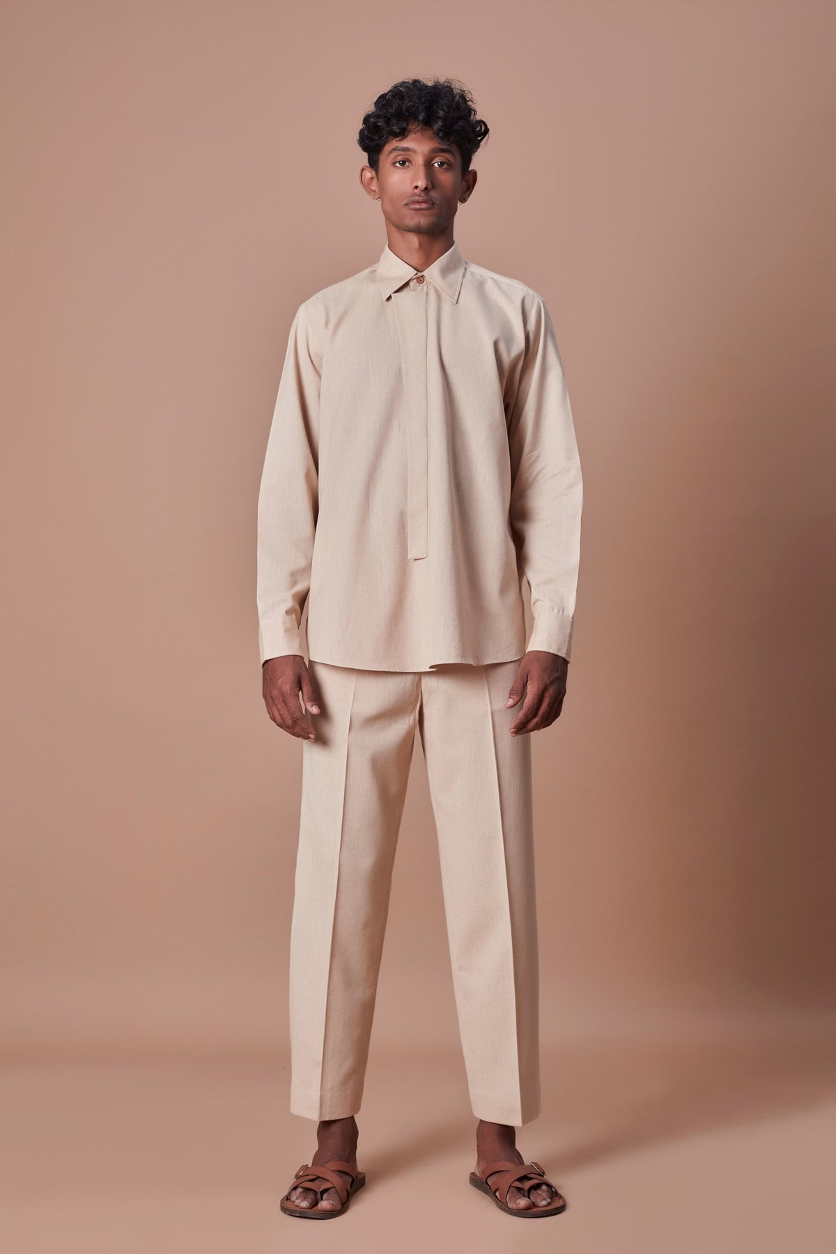 Beige placket shirt and ankle pant