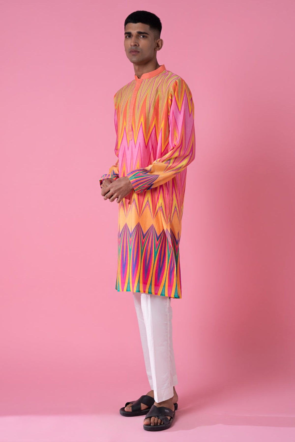 Yellow pink chevron printed kurta set