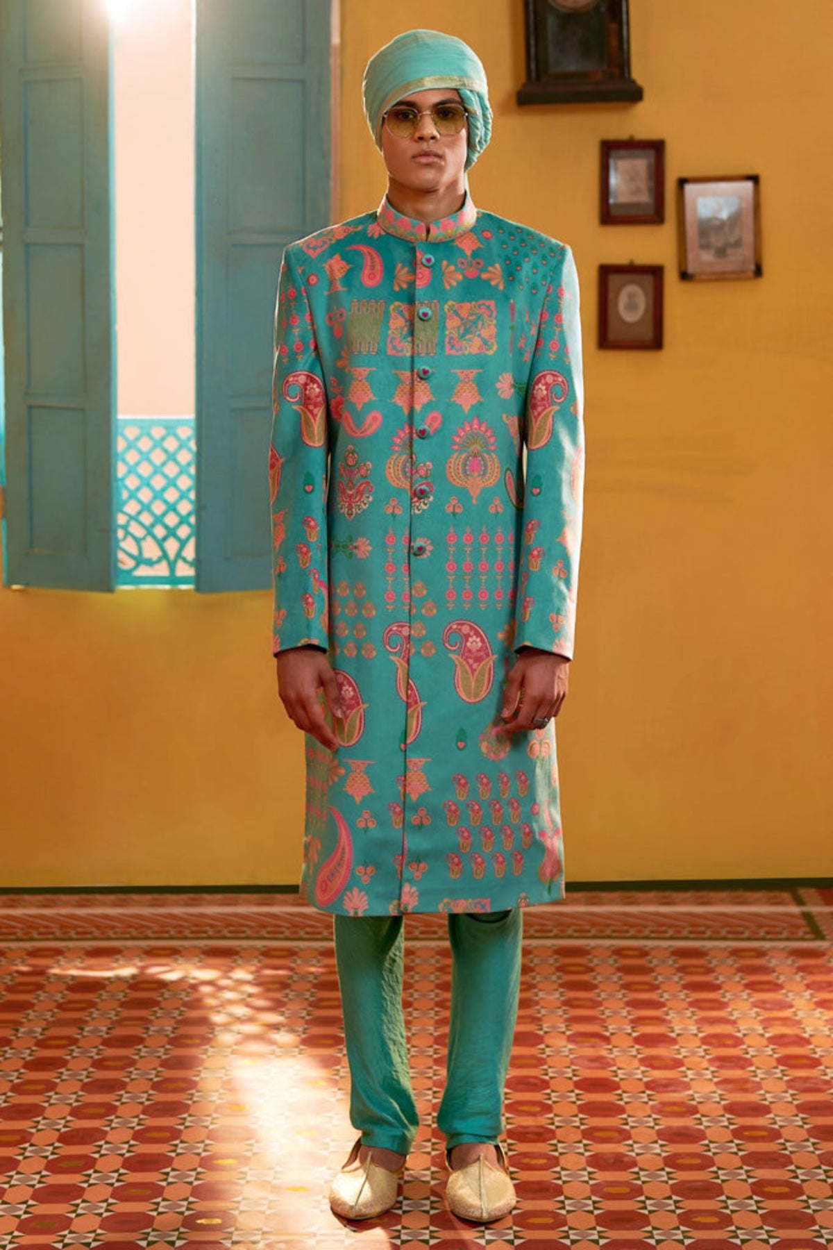 signature sea green sherwani set