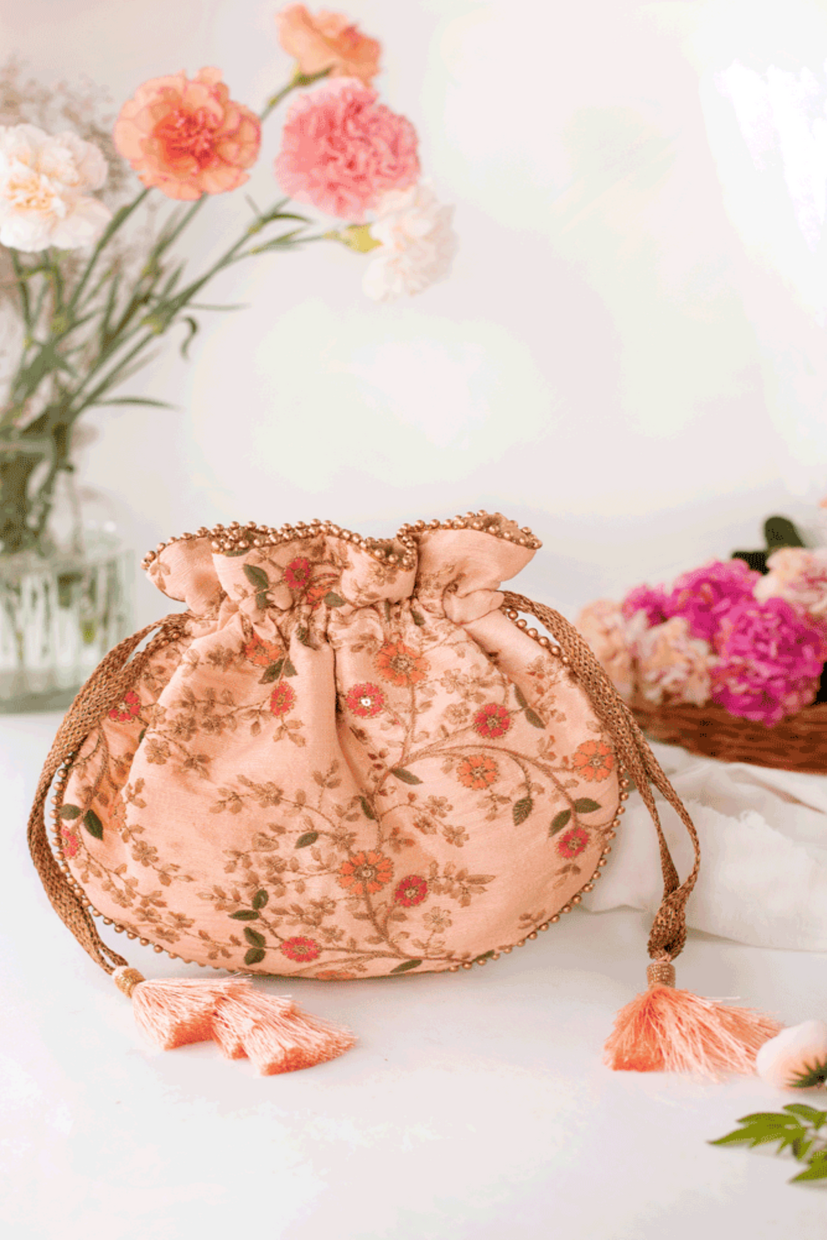 Floral Creeper Peach Potli Bag