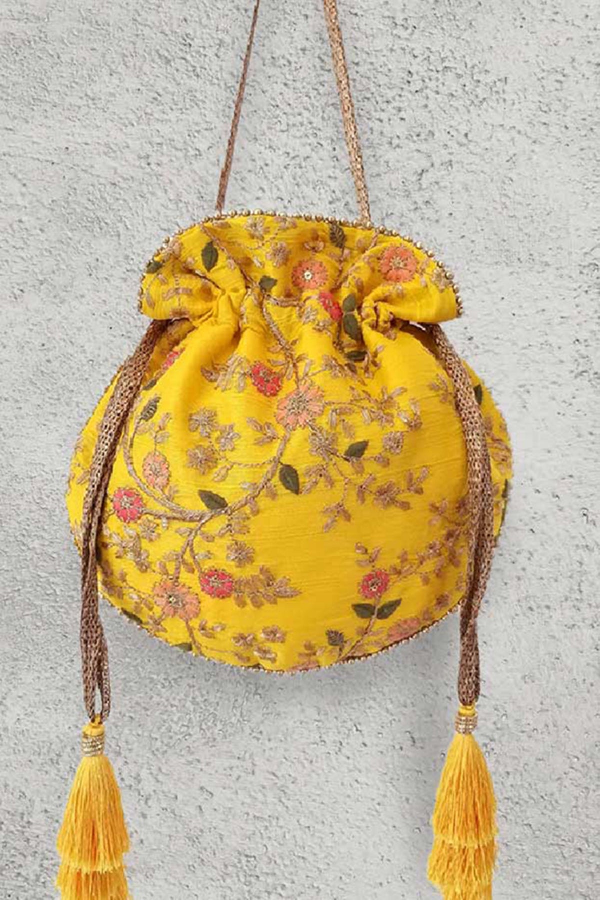 Floral Creeper Yellow Potli Bag