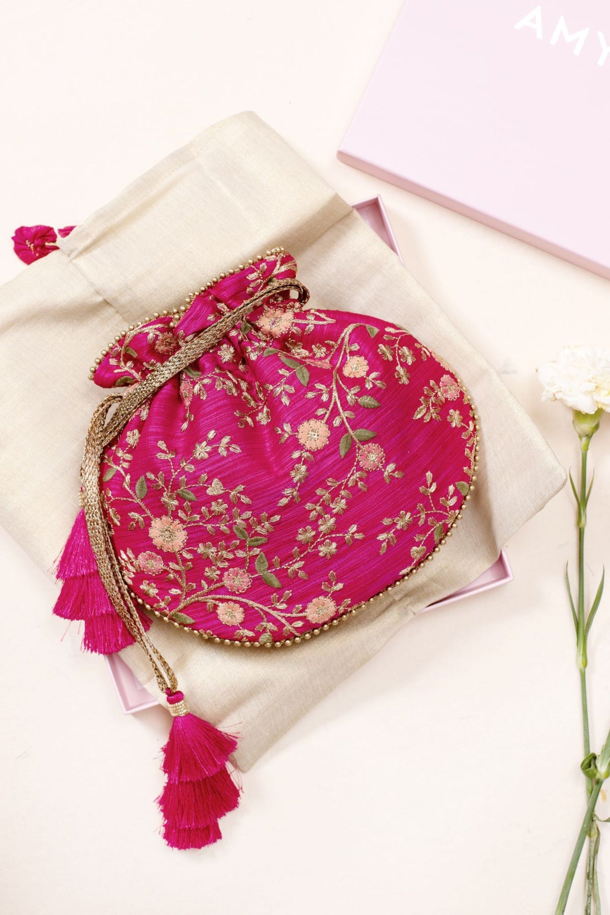 Floral Creeper Pink Potli Bag