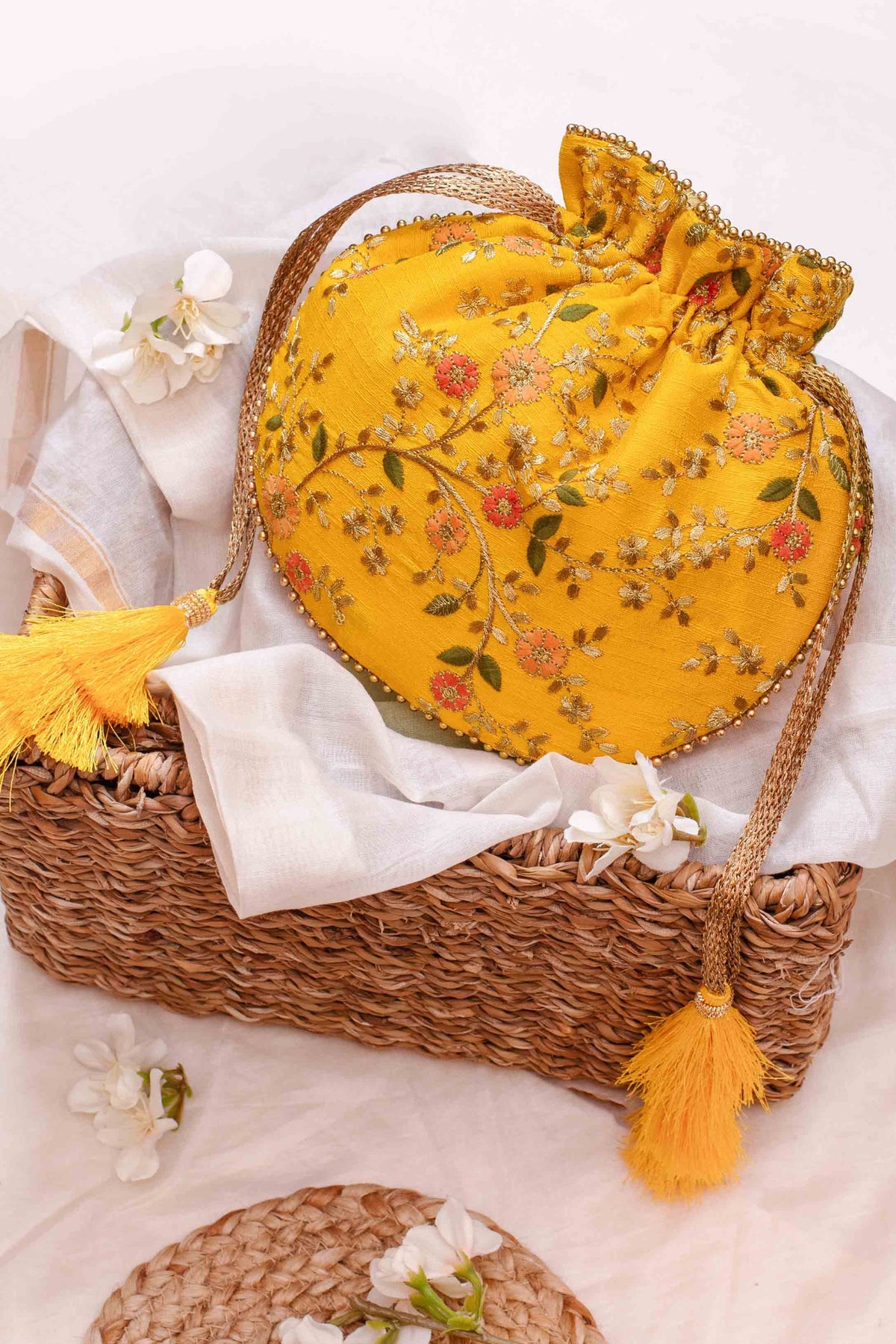 Floral Creeper Yellow Potli Bag