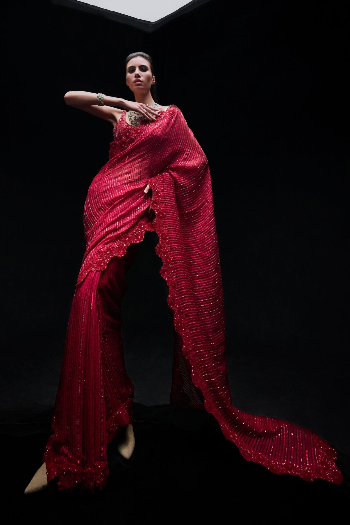 Red Sequins Gicha Saree