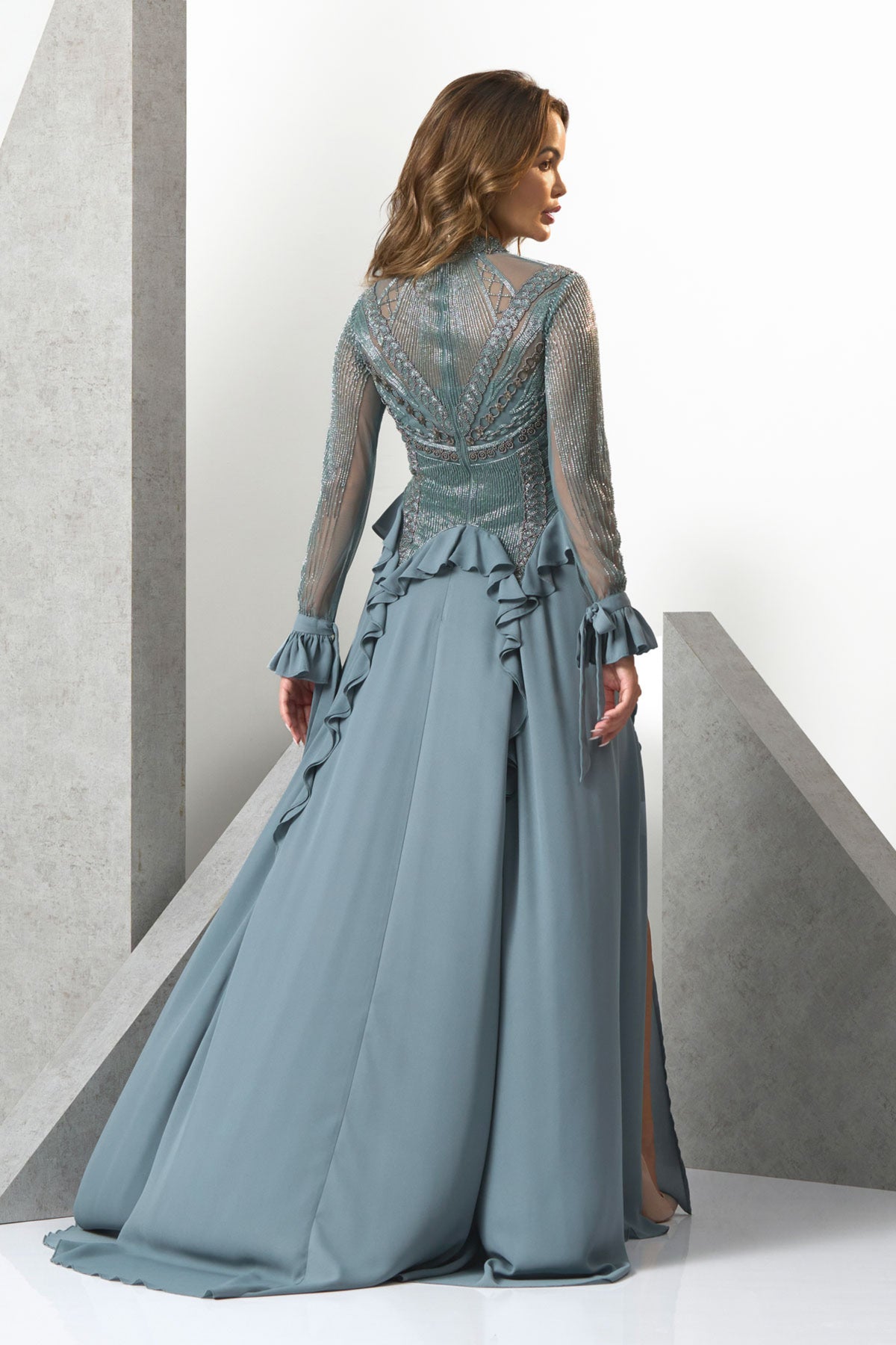 Sivan High Neck Ruffle  Evening Gown