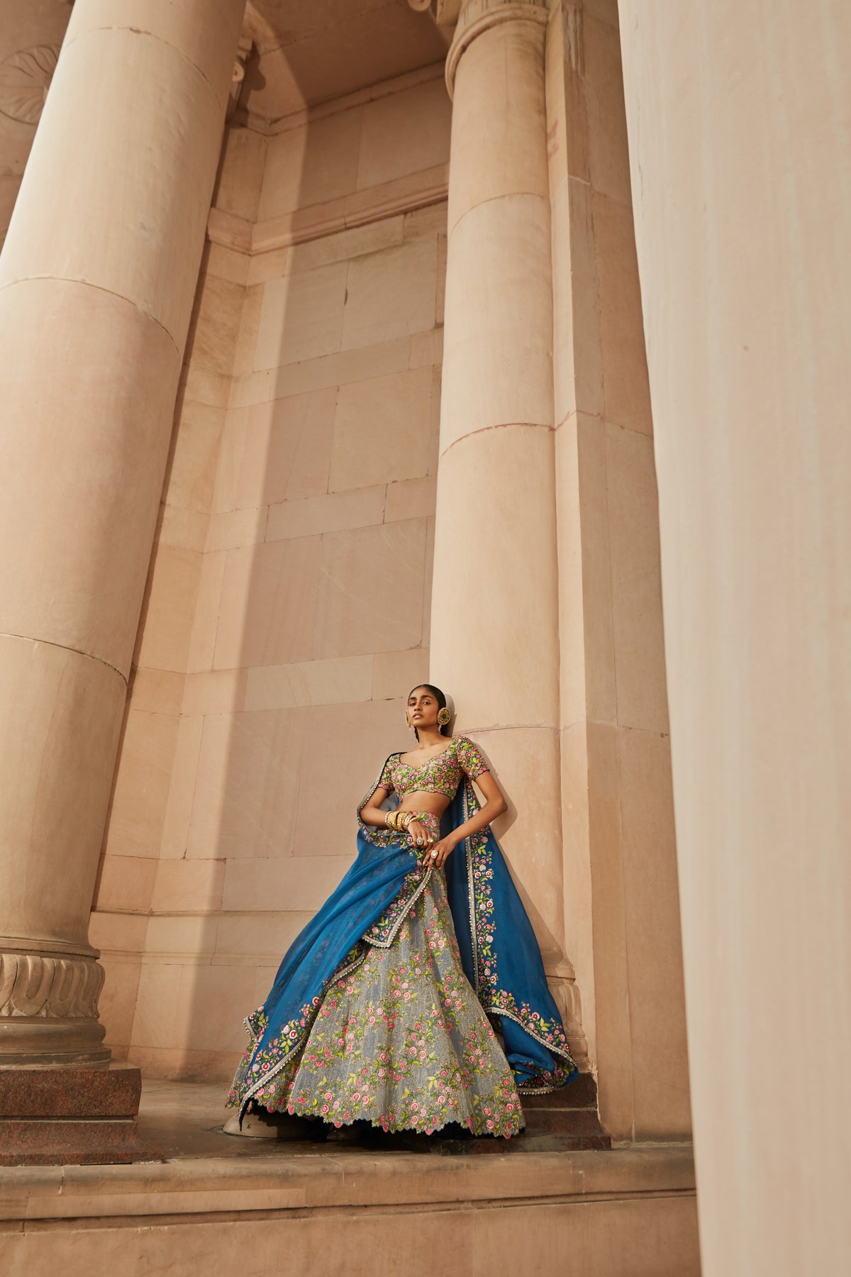 Dark Teal Diagonal Aari Lehenga