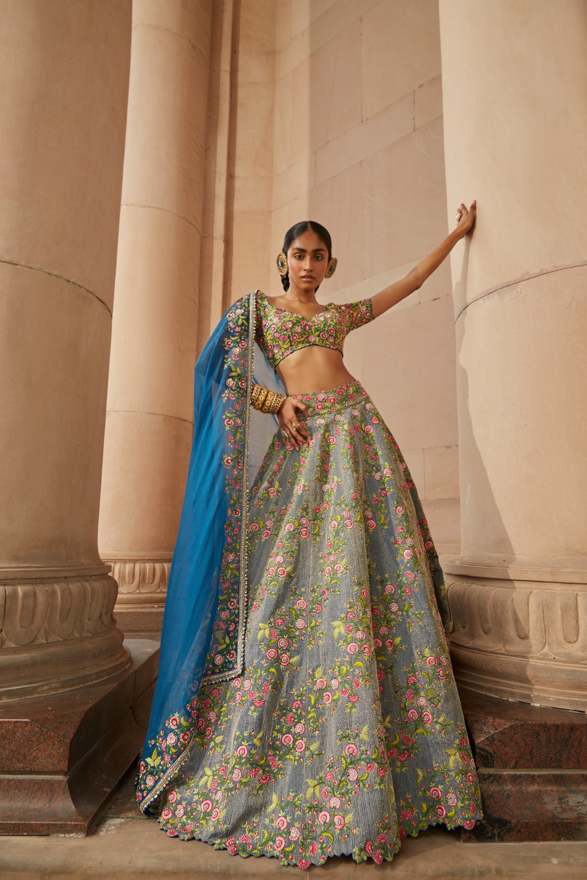 Dark Teal Diagonal Aari Lehenga