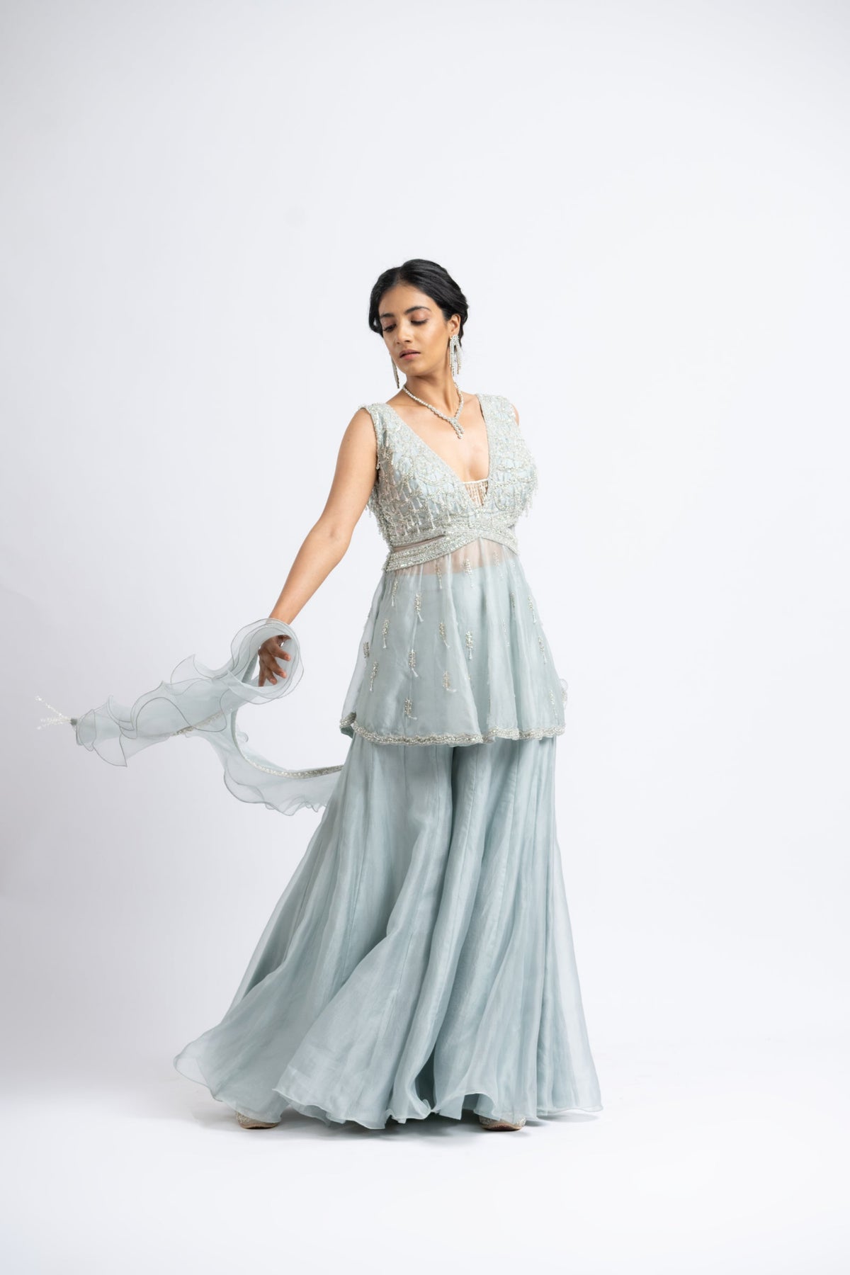 Grey Blue Peplum Sharara Set