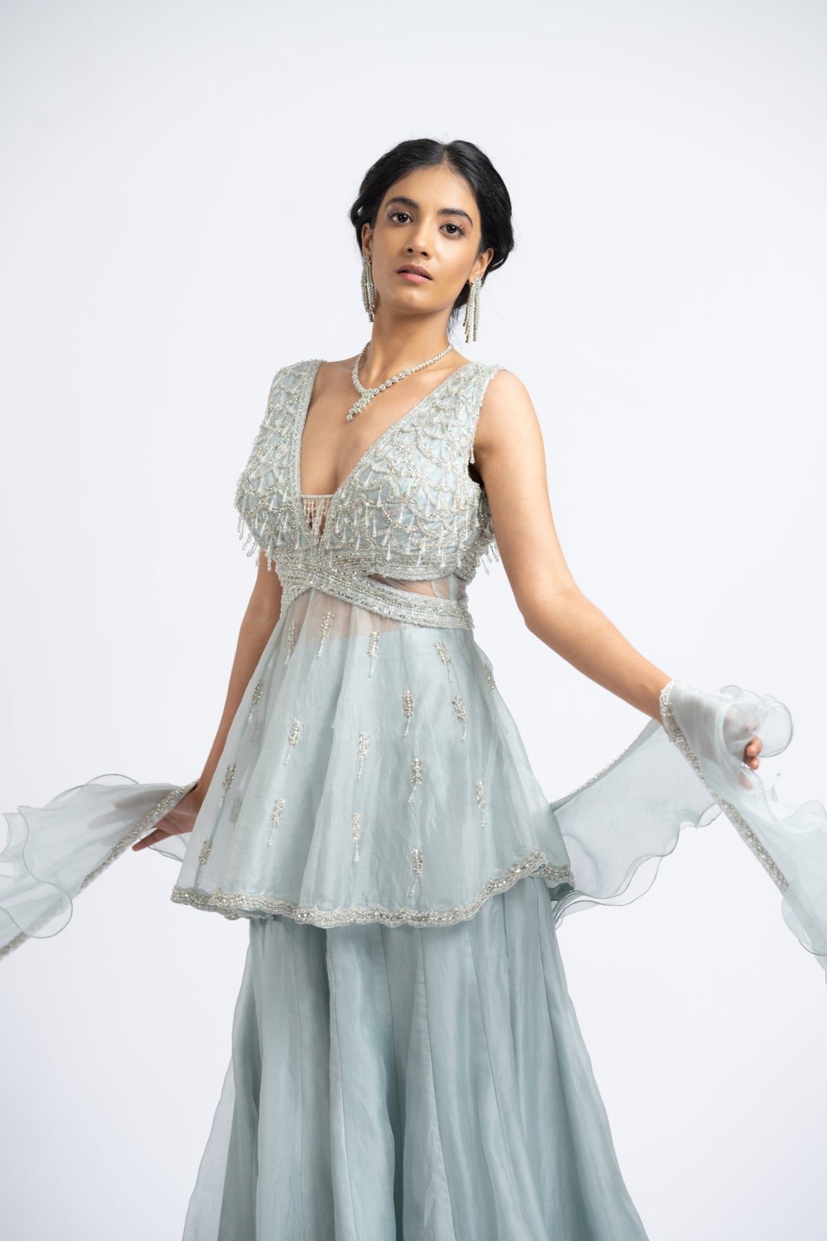 Grey Blue Peplum Sharara Set