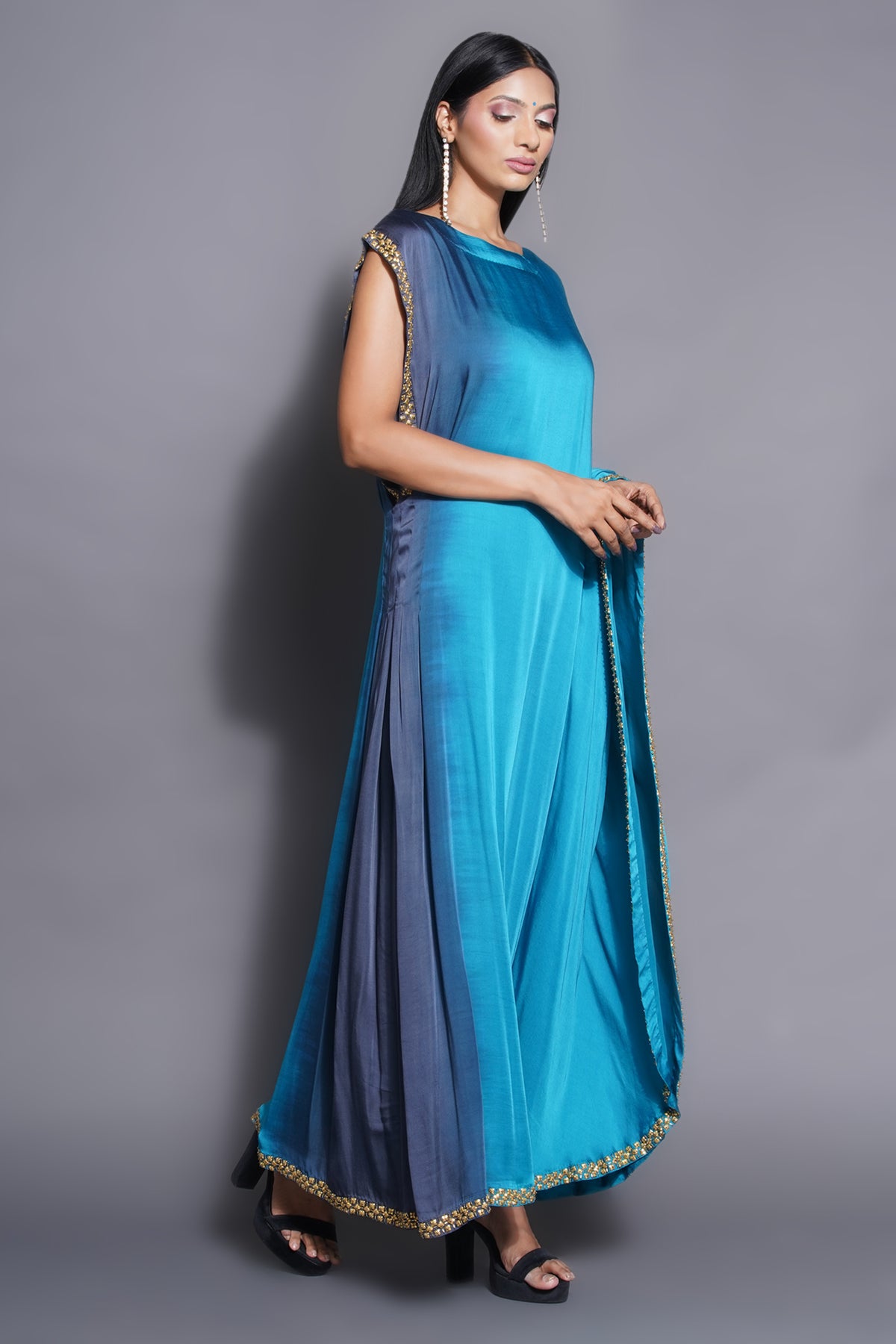 Pleated Ocean Blue Draped Gown