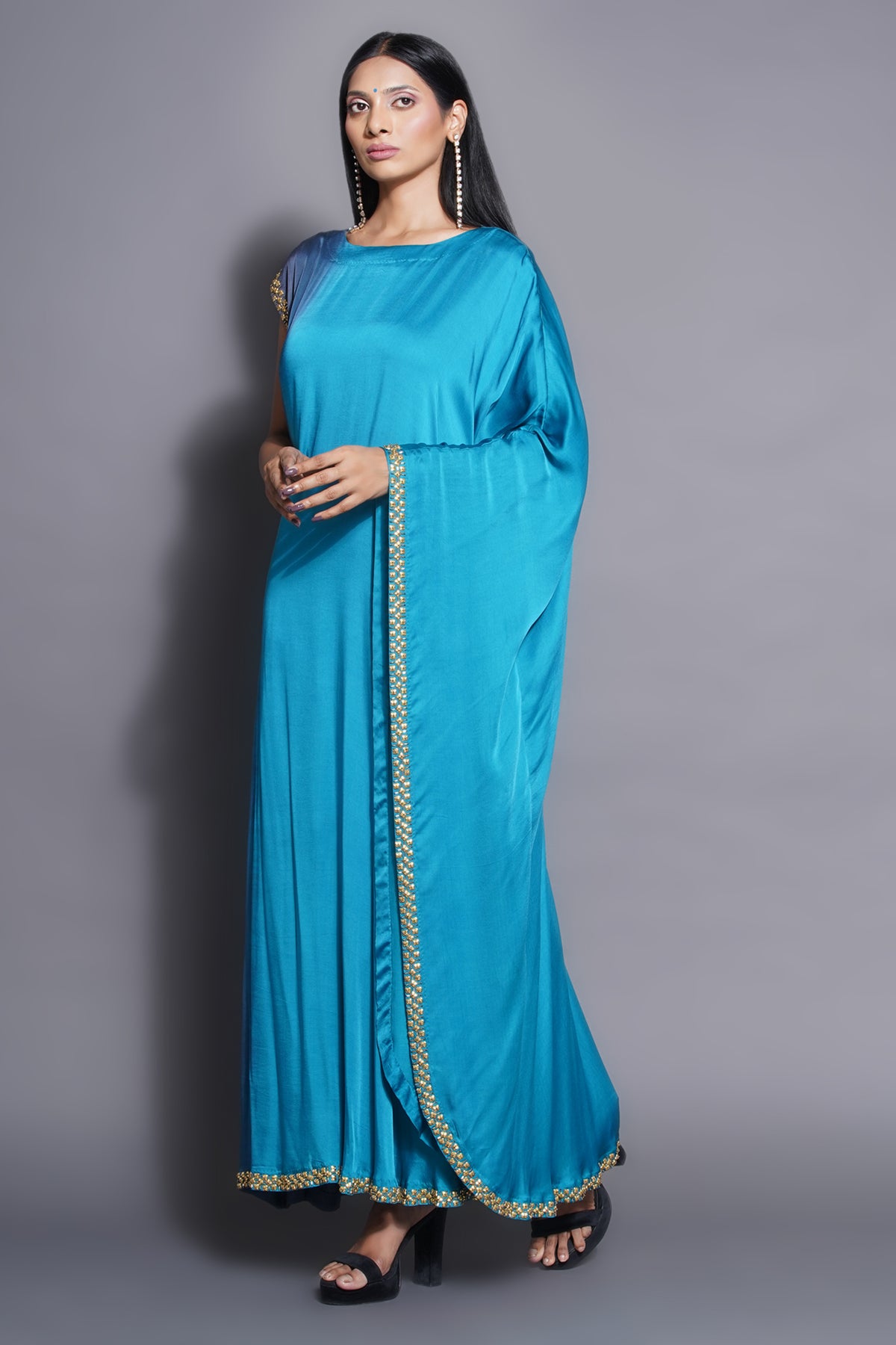 Pleated Ocean Blue Draped Gown