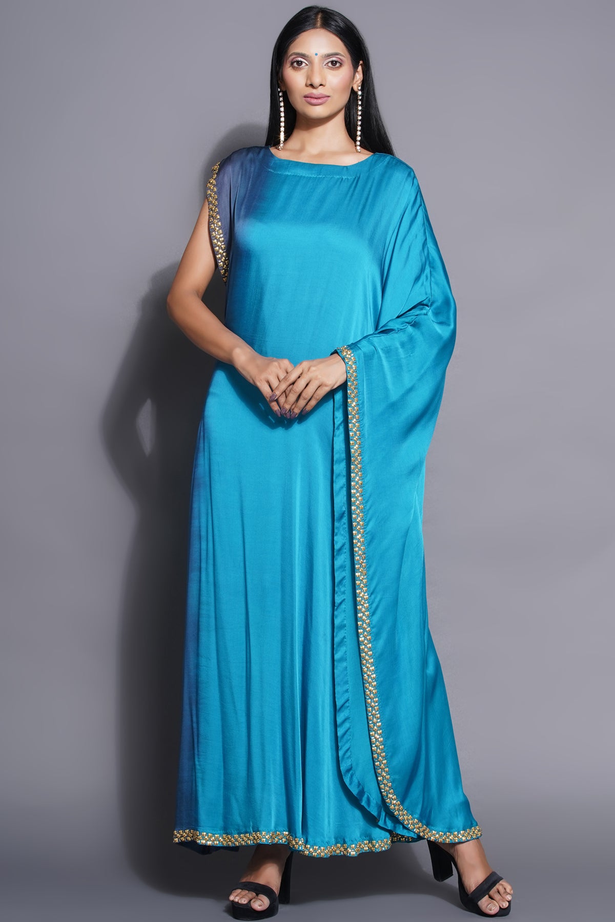 Pleated Ocean Blue Draped Gown