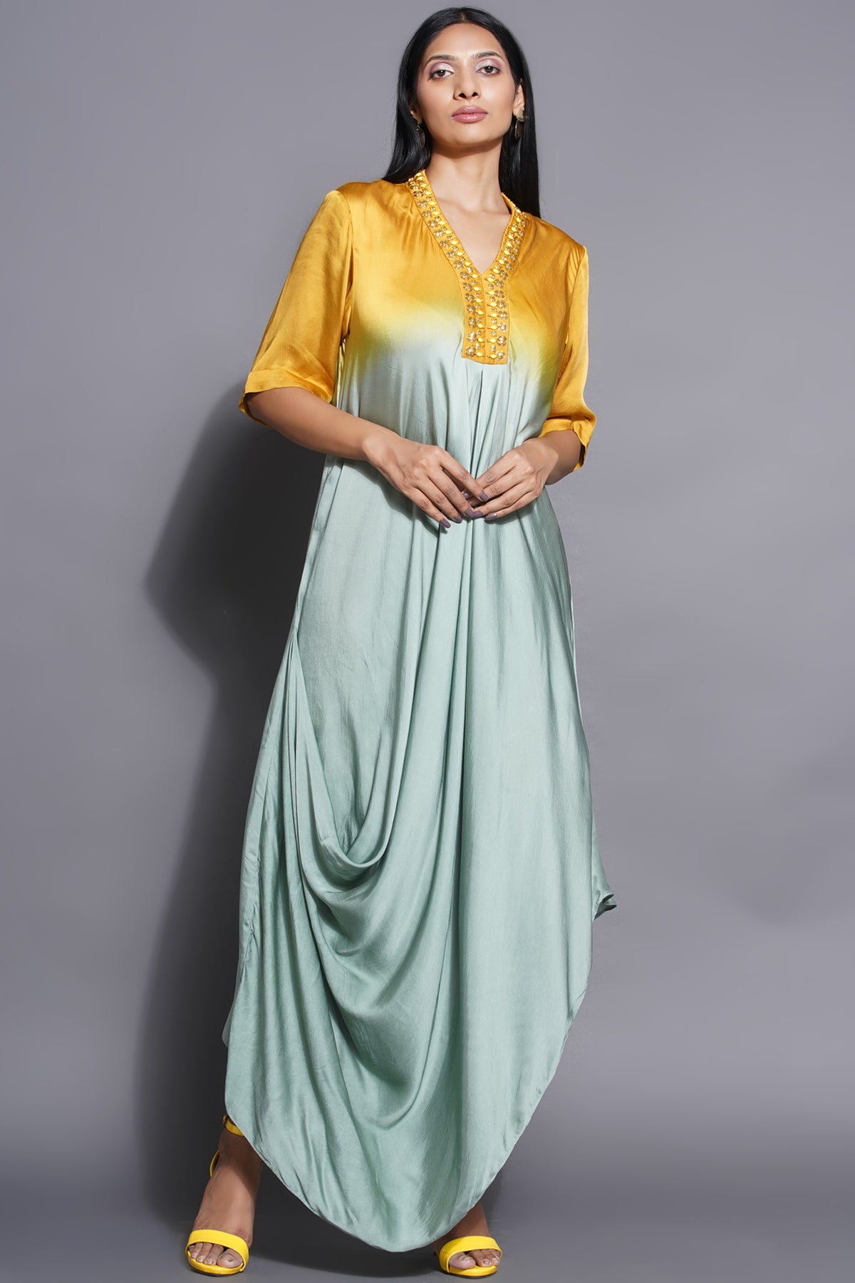 Asymmetric Cowl Majestic Yellow Dress