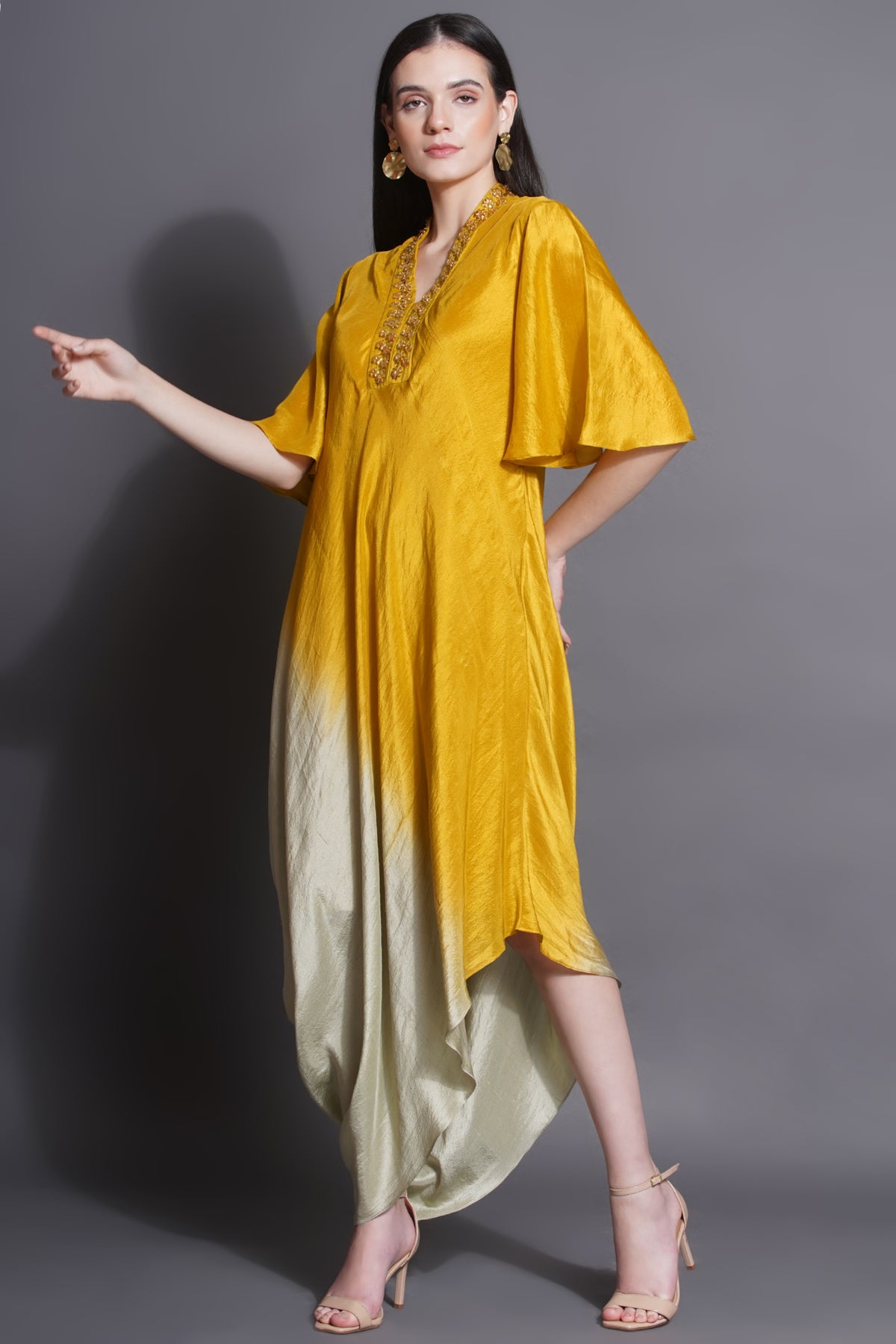 Asymmetric Majestic Yellow Drape Dress