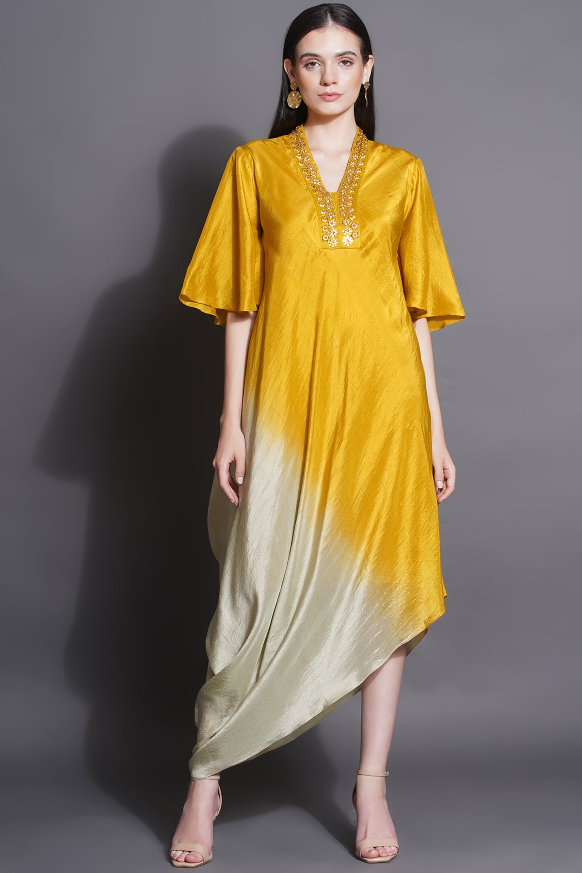 Asymmetric Majestic Yellow Drape Dress