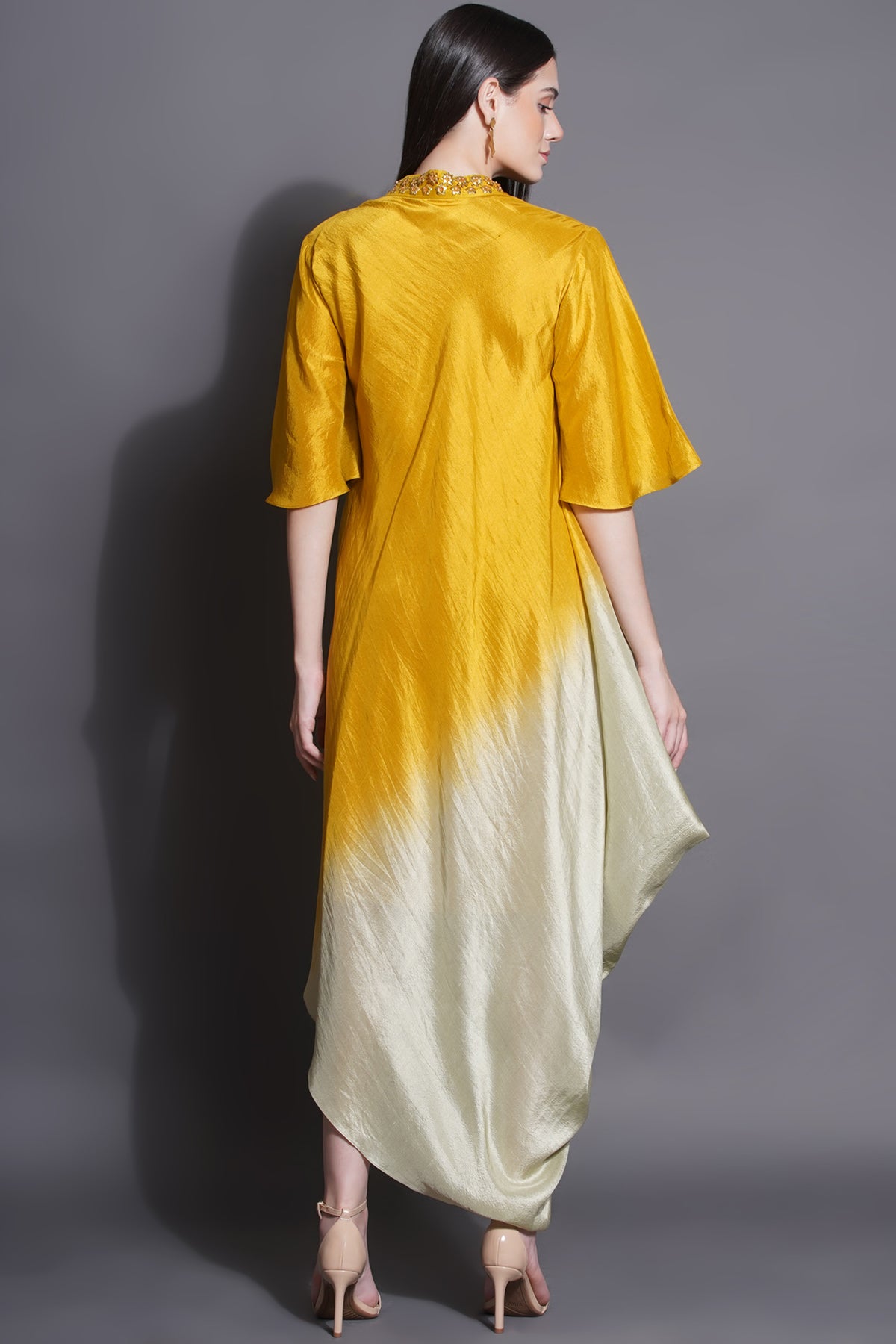 Asymmetric Majestic Yellow Drape Dress