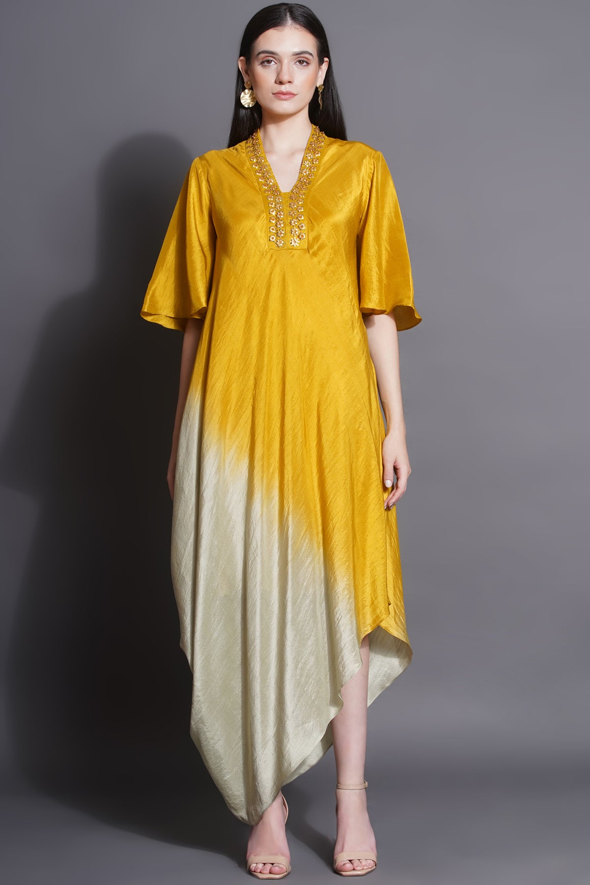 Asymmetric Majestic Yellow Drape Dress