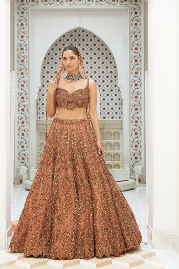 Copper Rose Gold Color Heavy Butterfly Net Bridal Wedding Lehenga Choli -  2617140755 | Heenastyle