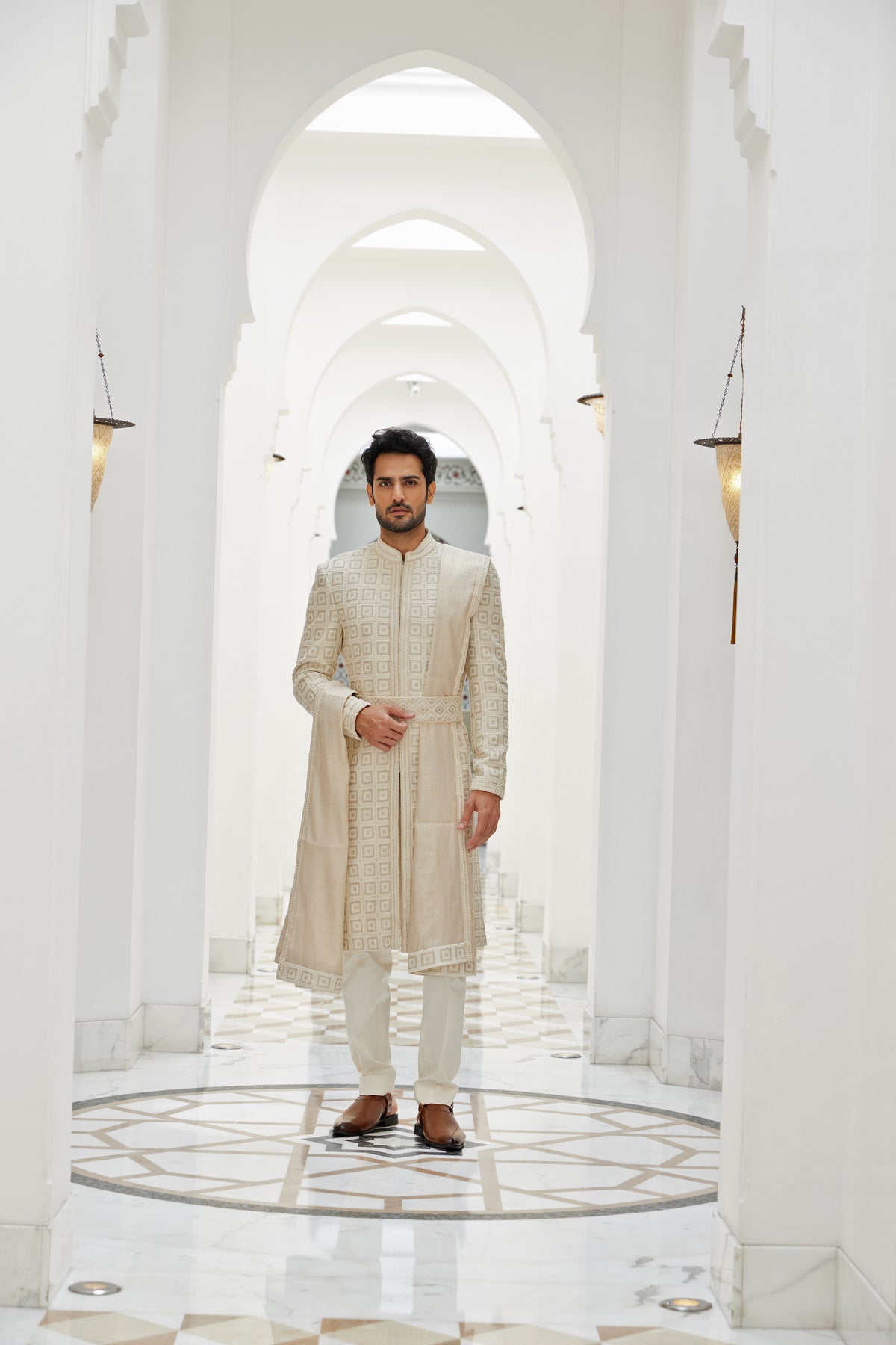 Cream Sherwani Kurta Trouser Set