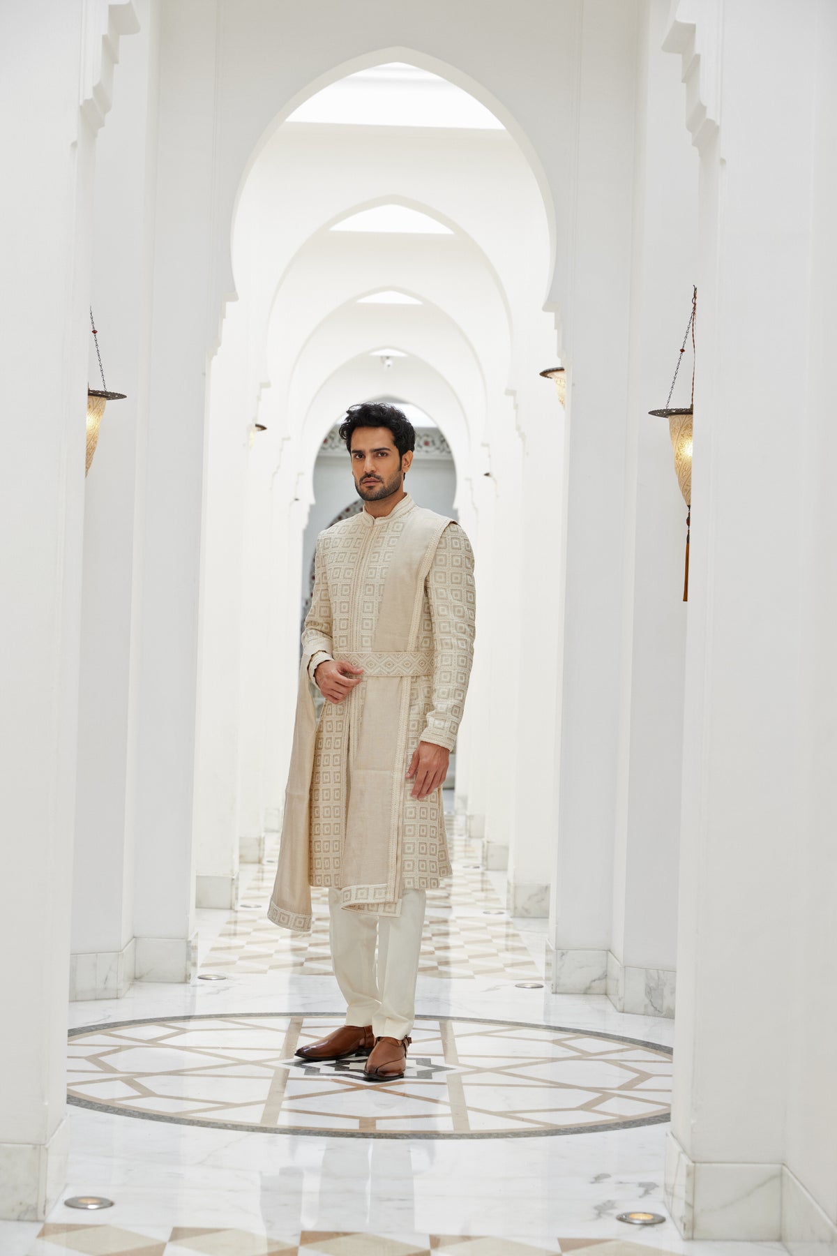 Cream Sherwani Kurta Trouser Set