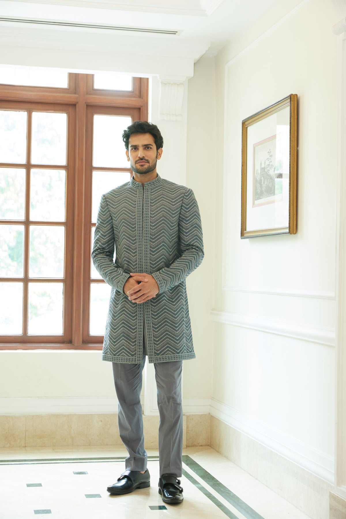 Grey Sherwani Kurta Trouser Set