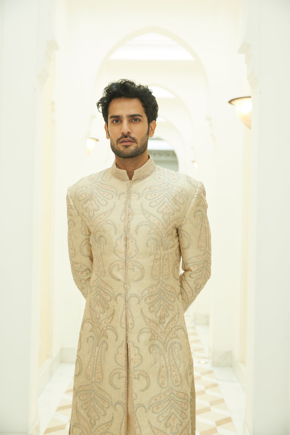 Beige Sherwani Kurta Trouser Set