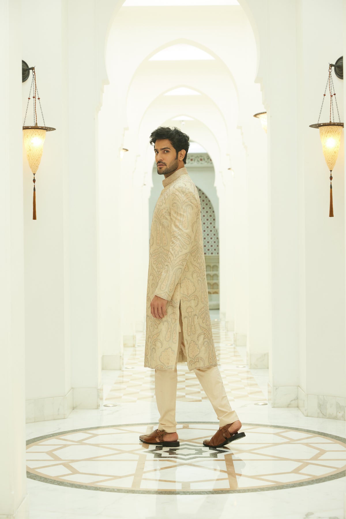 Beige Sherwani Kurta Trouser Set