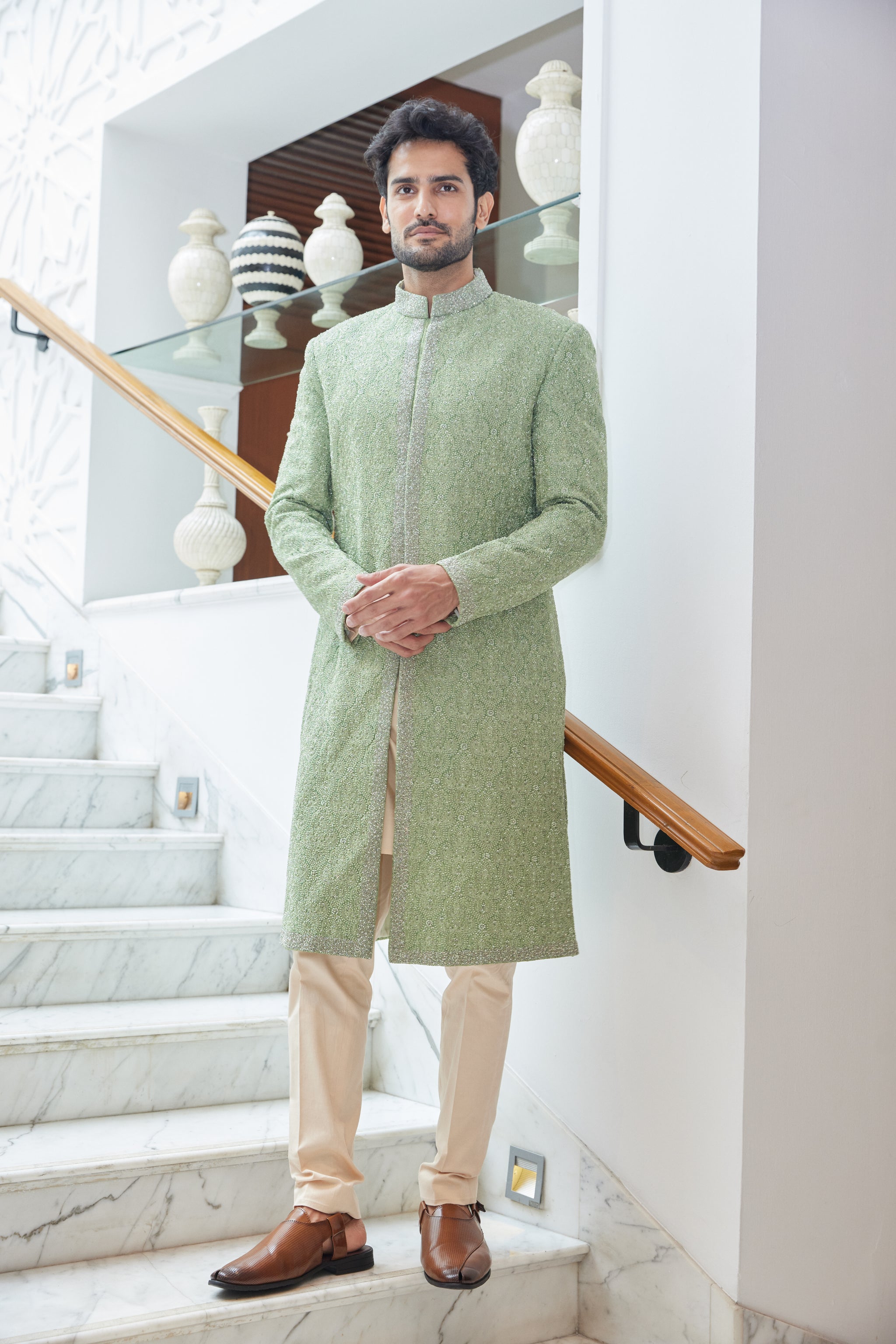 Buy Blue Moss Crepe Embroidery Resham Work Sherwani With Pant For Men by  Ankur J Online at Aza Fashions.