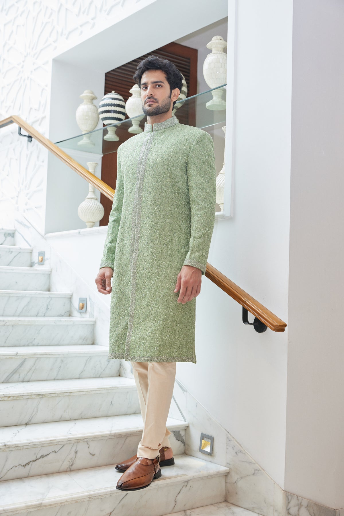 Green Sherwani Kurta Trouser Set