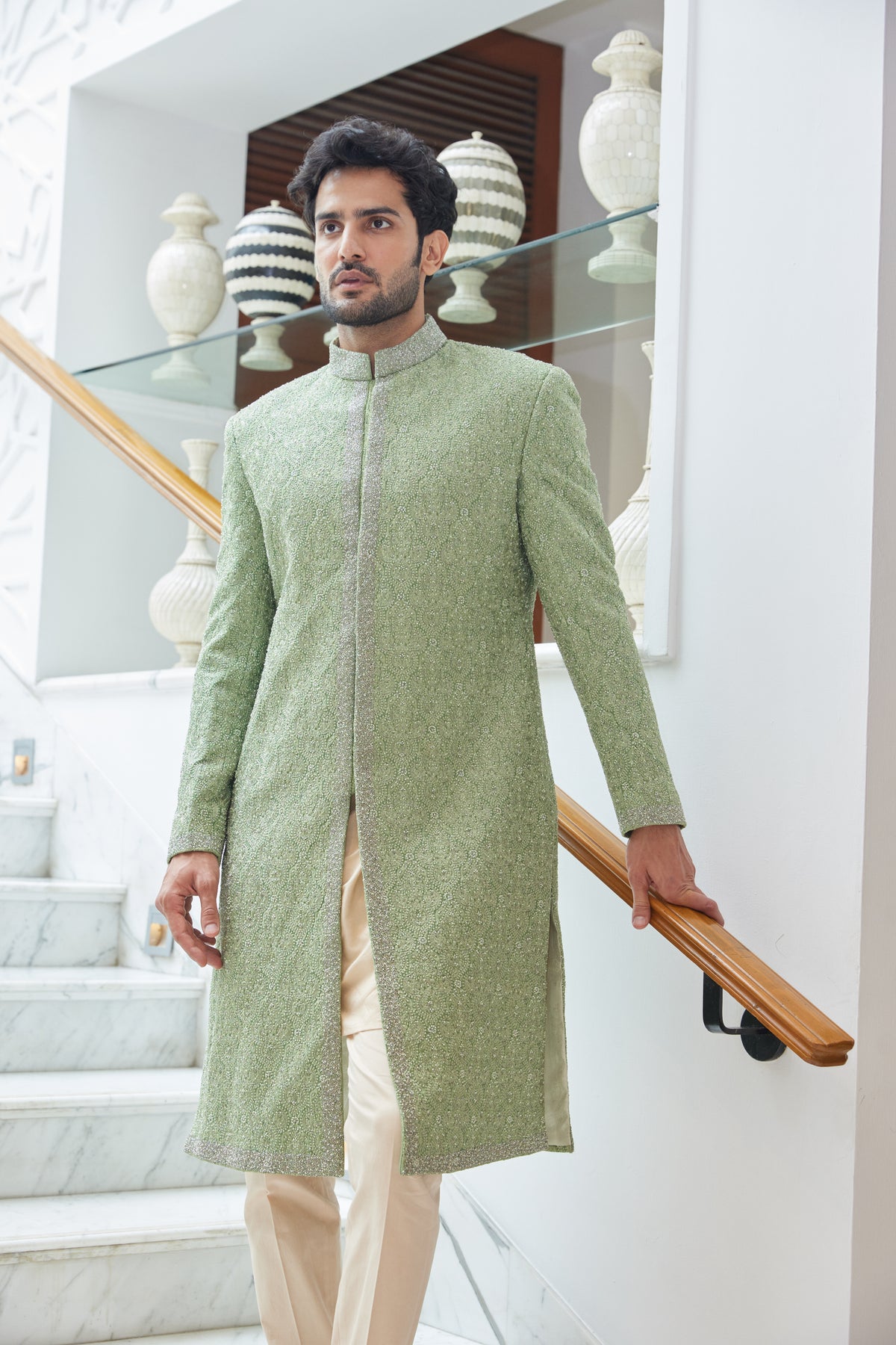 Green Sherwani Kurta Trouser Set