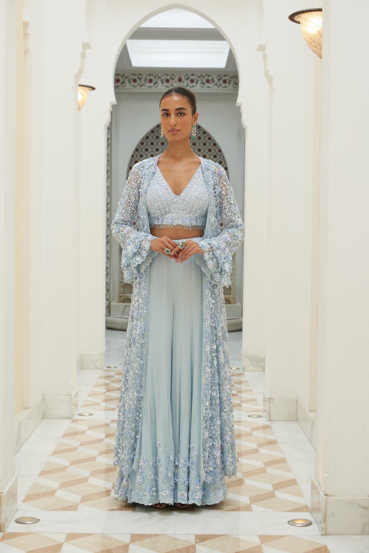 Ice Blue Sharara Set With Jacket