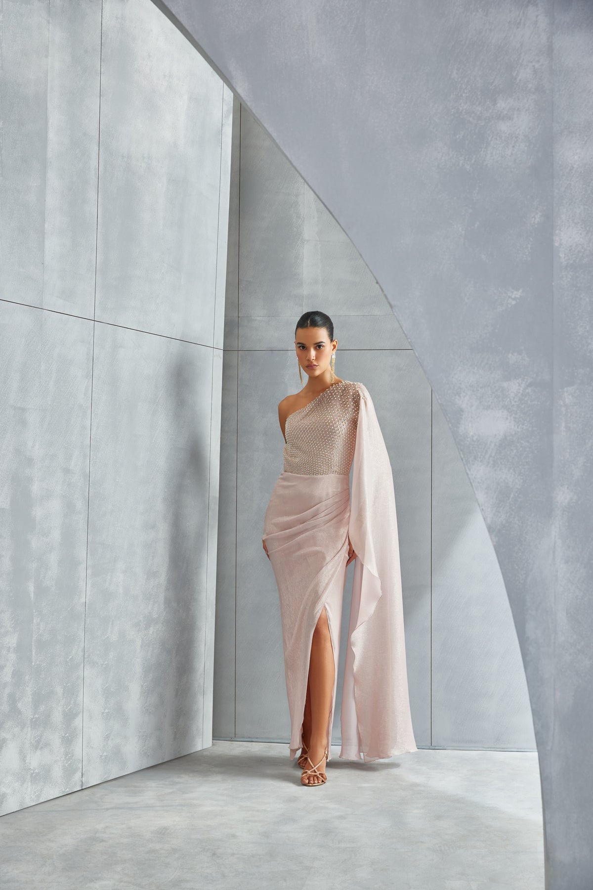 Pearl Drop One Off Shoulder Gown