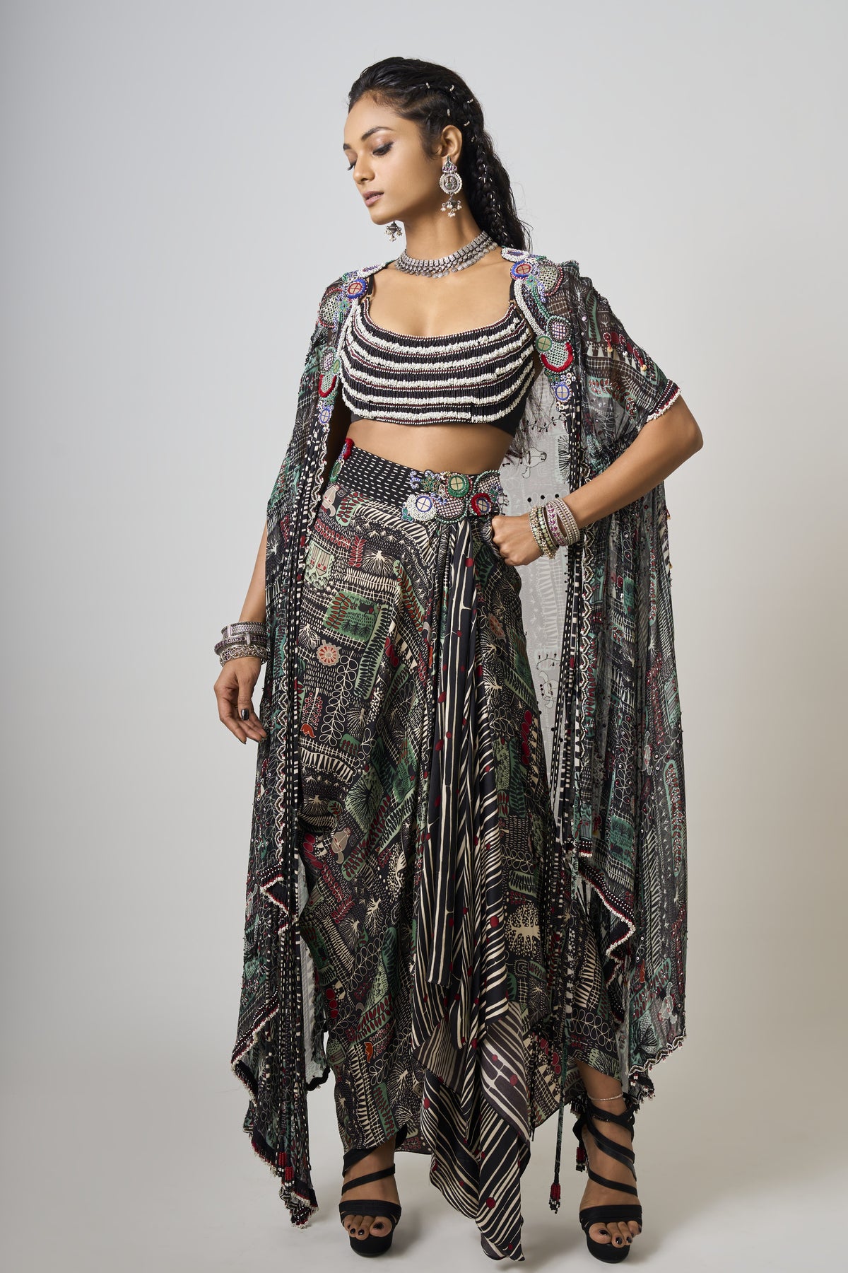 Black Printed Embroidered Cape Set