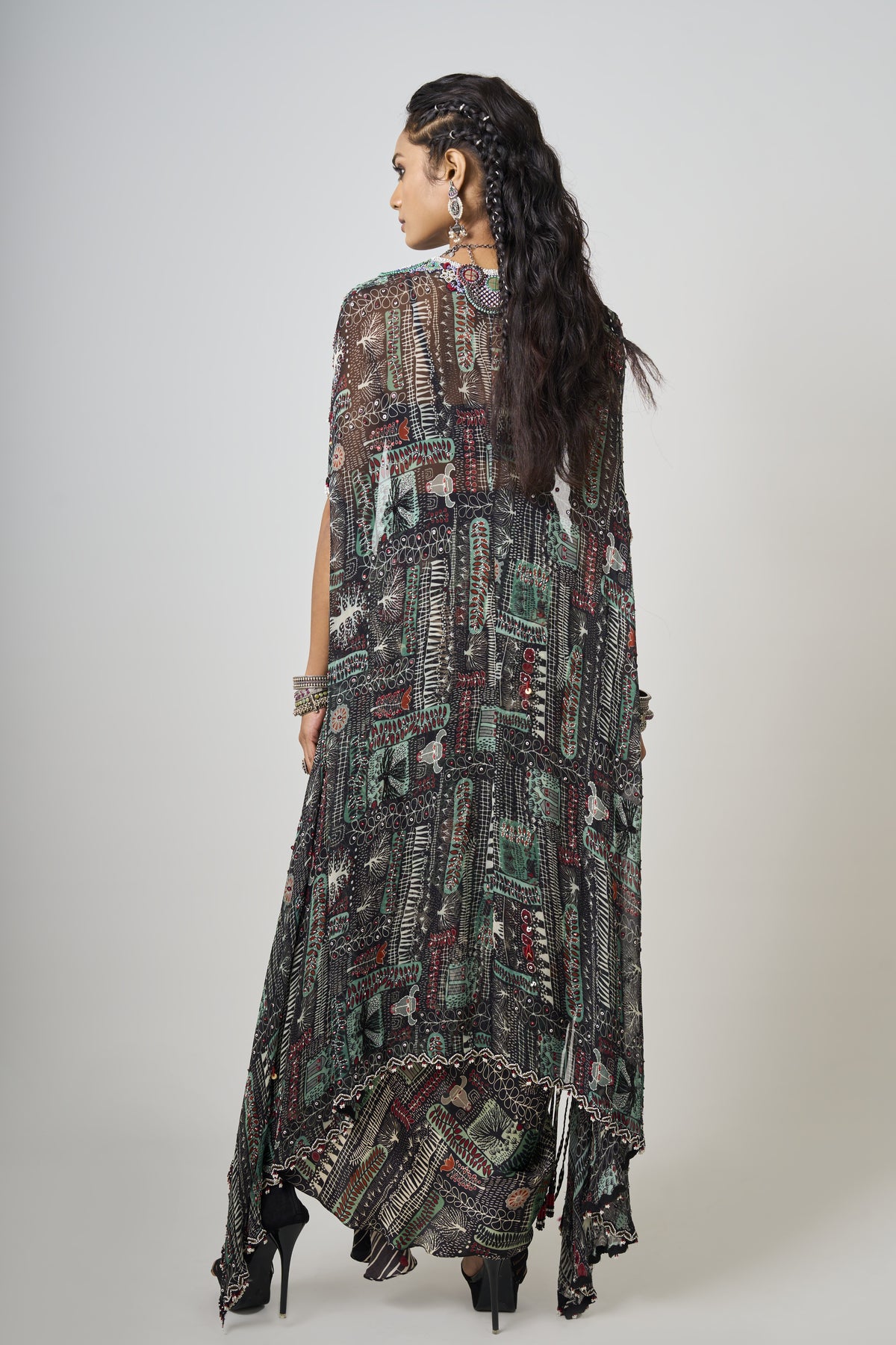 Black Printed Embroidered Cape Set