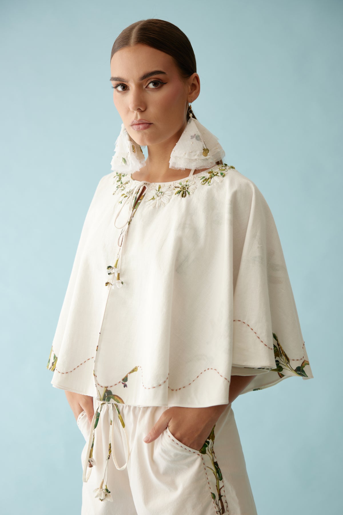 Cream Fabric Ribbon Reversible Cape